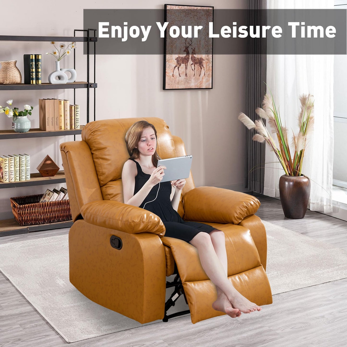 Aukfa Leather Recliner Chair, 38in Overstuffed Armchair Living Room Read Chair for Adults, Ginger