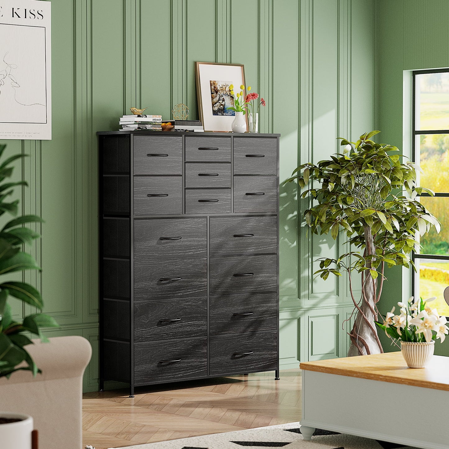 GIKPAL Dressers for Bedroom, 15 Drawers Dresser Black Dresser Fabric Chest of Drawers Tall Dressers Storage Organizer for Closet, Living Room