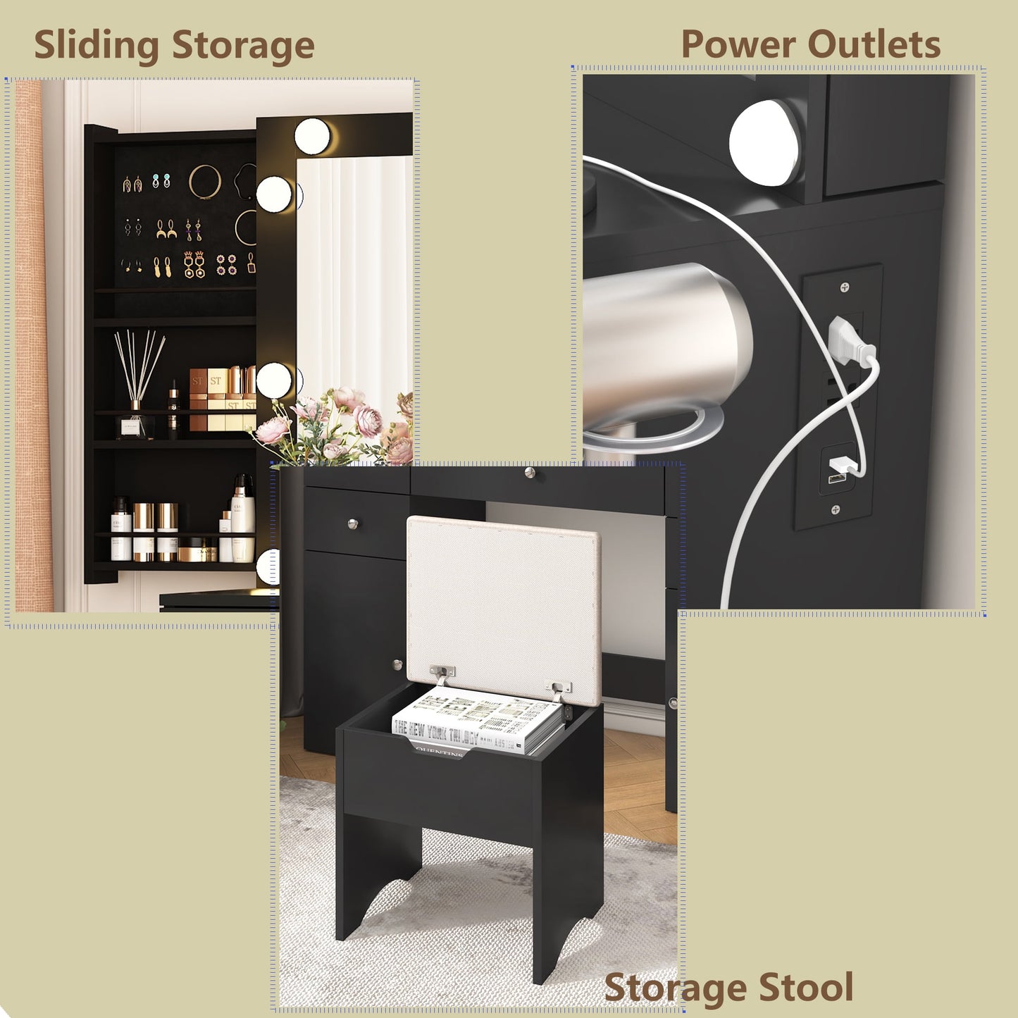 Large Lighted Mirror Vanity Desk with Sliding Storage & Glass Top & 5 Drawers, Makeup Vanity Set with Charging Station, Cushioned Storage Stool