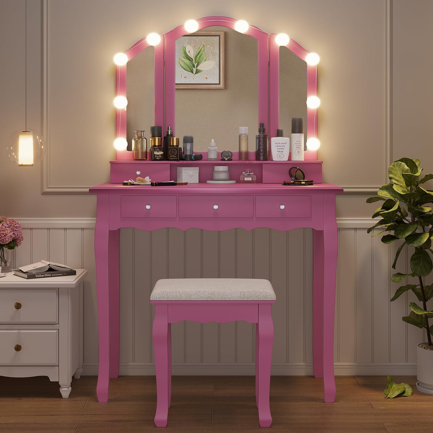 Afuhokles Vanity Table Set with Lighted Tri-Fold Mirror and Stool, Makeup Vanity Dressing Desk 5 Drawers, Pink