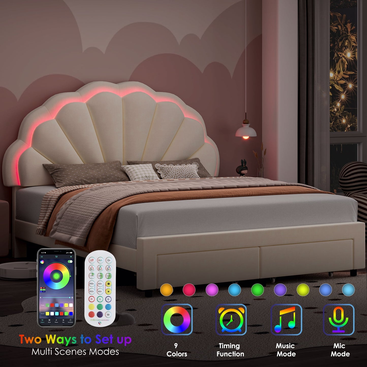 Homfa Full Size LED Bed Frame with Drawer, Velvet Upholstered Platform Bed with Adjustable Petal Headboard for Kid, Beige