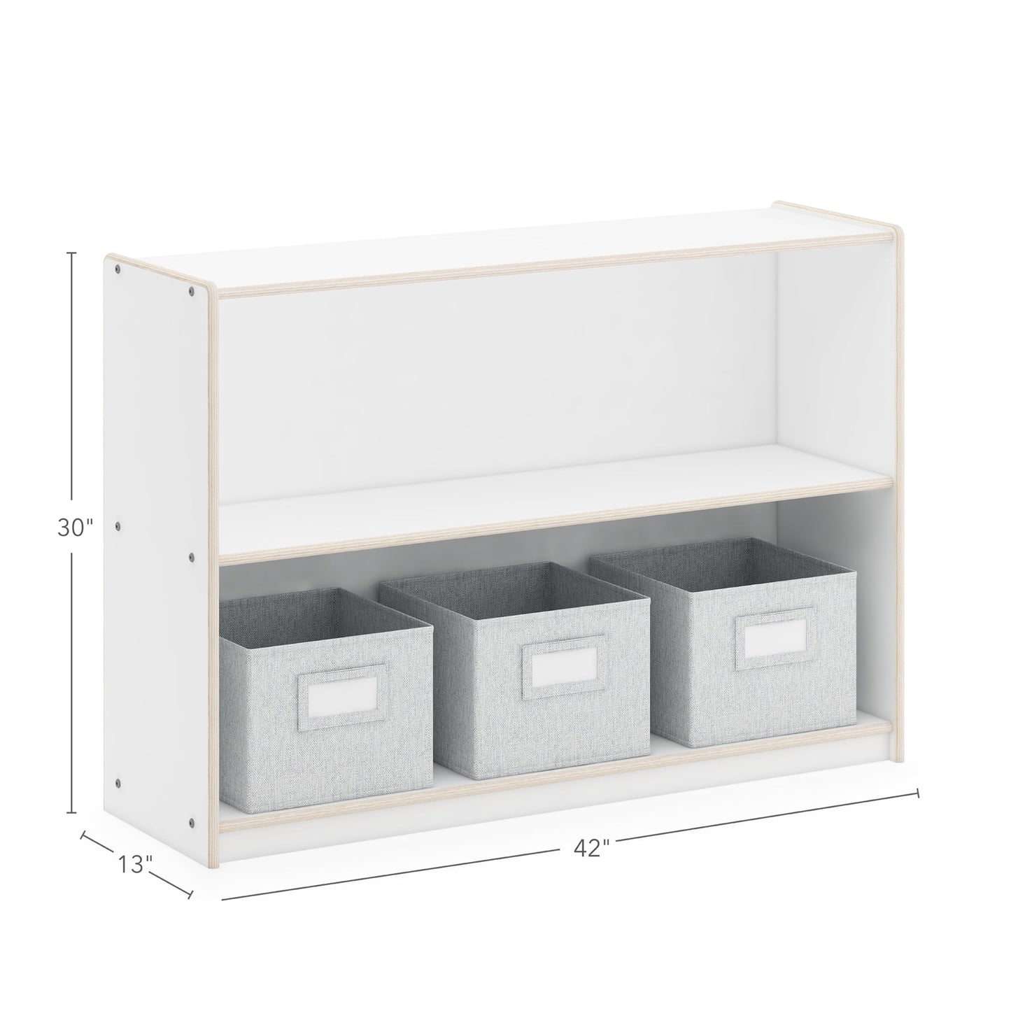 Guidecraft EdQ 2-Shelf Open Storage 30in - White: Kids' Low Wooden Bookshelf, Classroom and Playroom Furniture with Book and Toy Bins