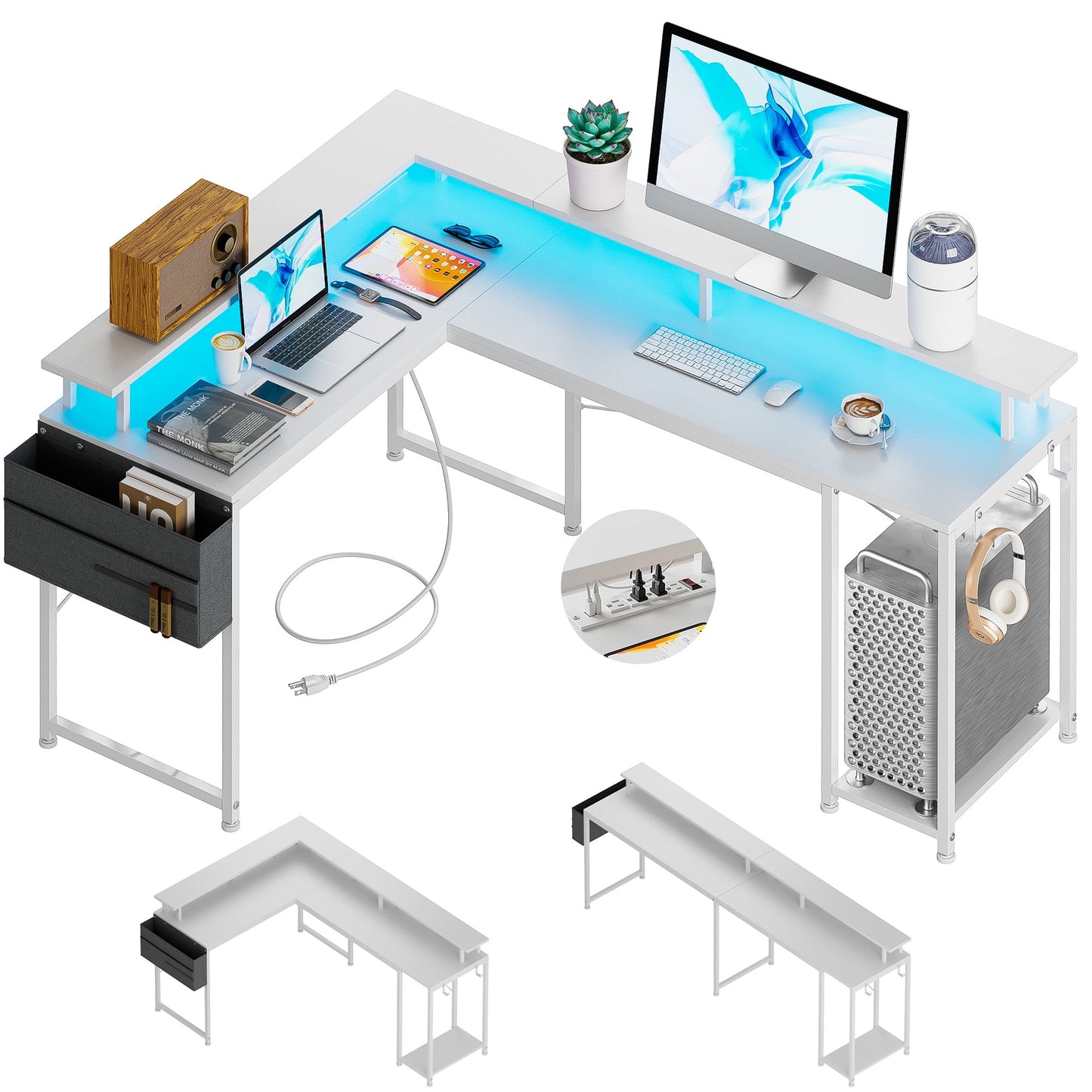 GIKPAL 95in Computer Desk, L Shaped Desk with Power Outlet & LED Strip, Gaming Desk with Monitor Stand, Storage Shelf and Storage Bag for Home Office, White