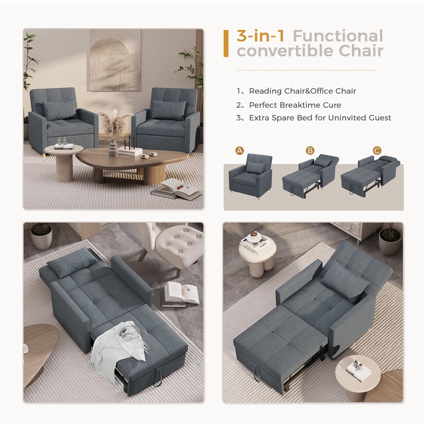 AECOJOY Sleeper Chair, 3 in 1 Chair Bed for Adults, Pull Out Sofa Chair with Pillow and Convertible Backrest, Multi-Functional Fold Out Futon Chair Reading Chair for Small Space (Dark Grey)