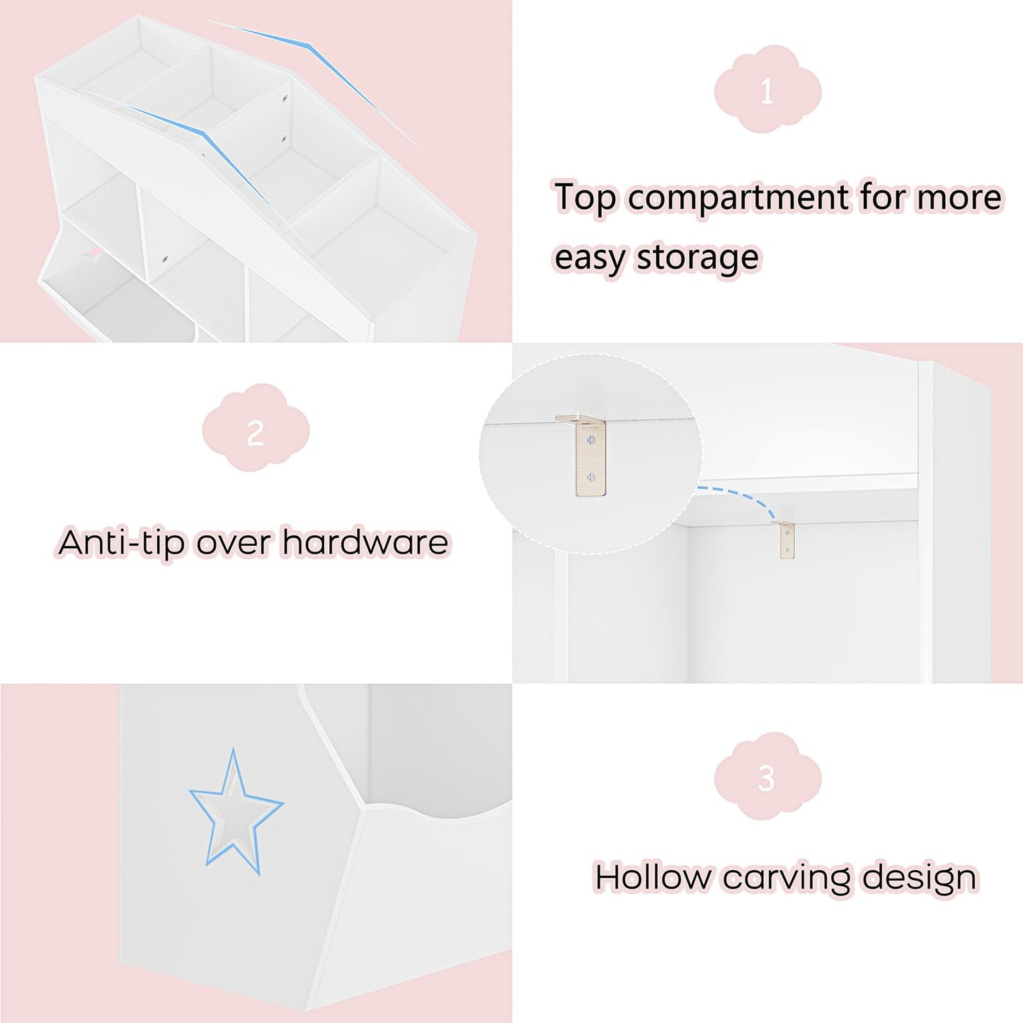 Ataucjin Kids Bookshelf Toy Storage Organizer for Kids Wooden Open Storage Cubby Children Small Bookcase Multifunctional Book Cabinet for Nursery,Playroom,Bedroom,Living Room