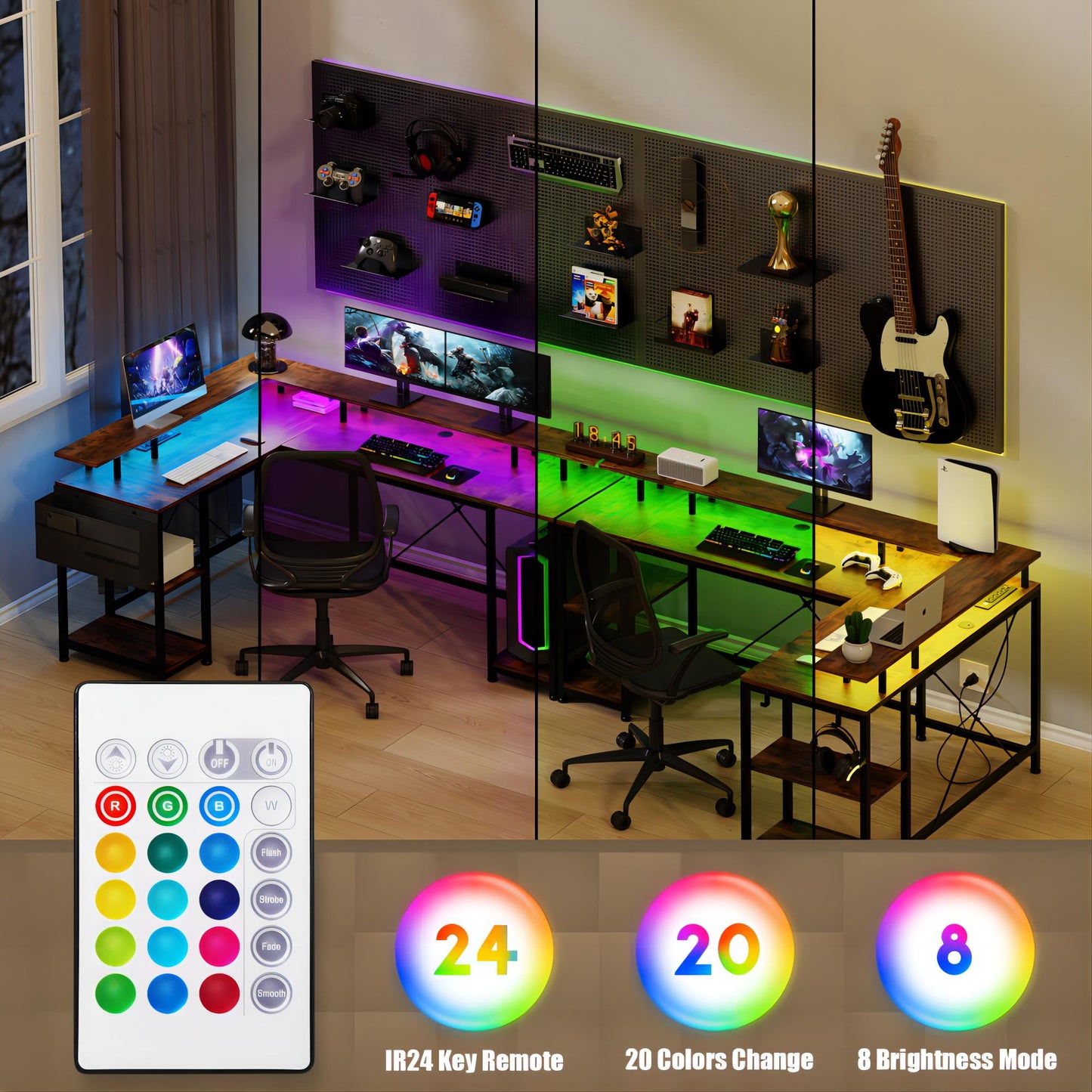 GIKPAL 95in L-Shaped Computer Desk with LED Light Gaming Desk with Power Outlet, Home Office Desk with Monitor Stand, Storage Shelf and Storage Bag Corner Desk, Rustic Brown