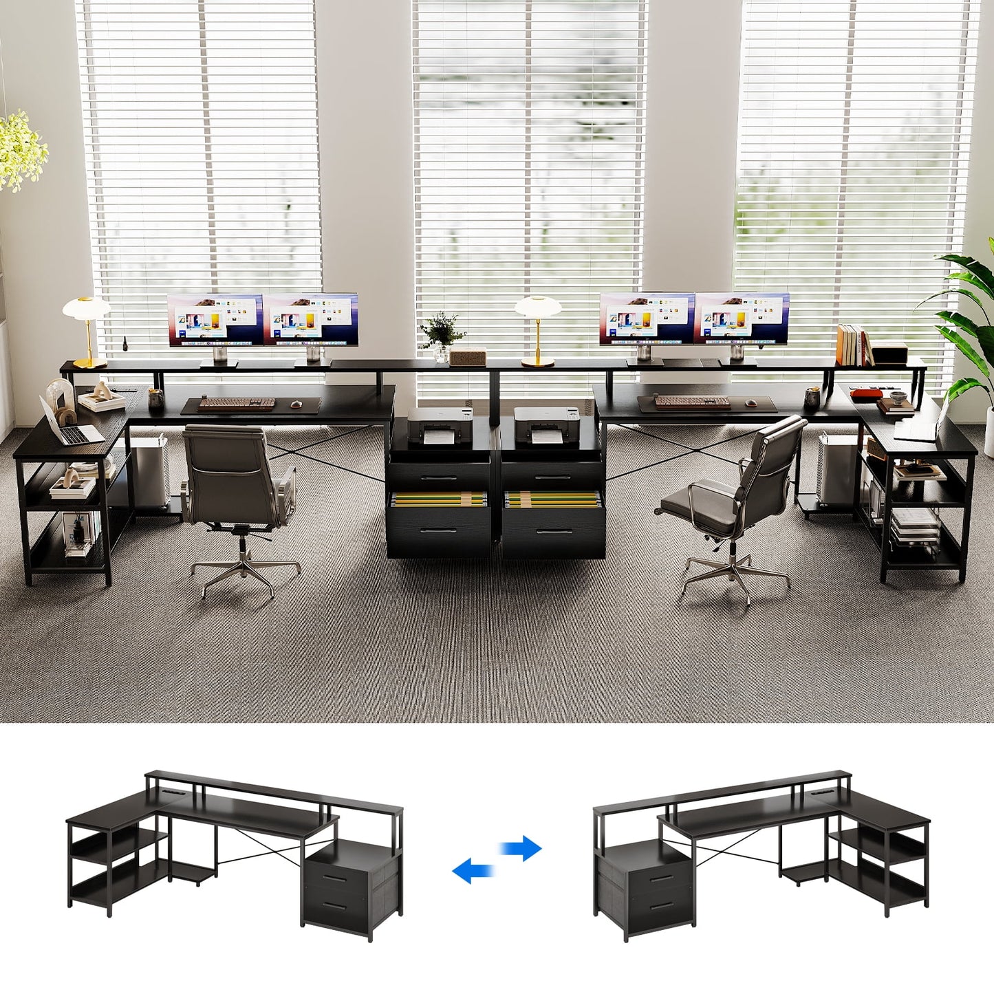 66in Reversible L Shaped Desk with File Drawer & Power Outlet, Modern Computer Desk with LED Strip, Home Office Desk with Storage Shelves, Gaming Desk with Monitor Shelf, Corner Desk, Black