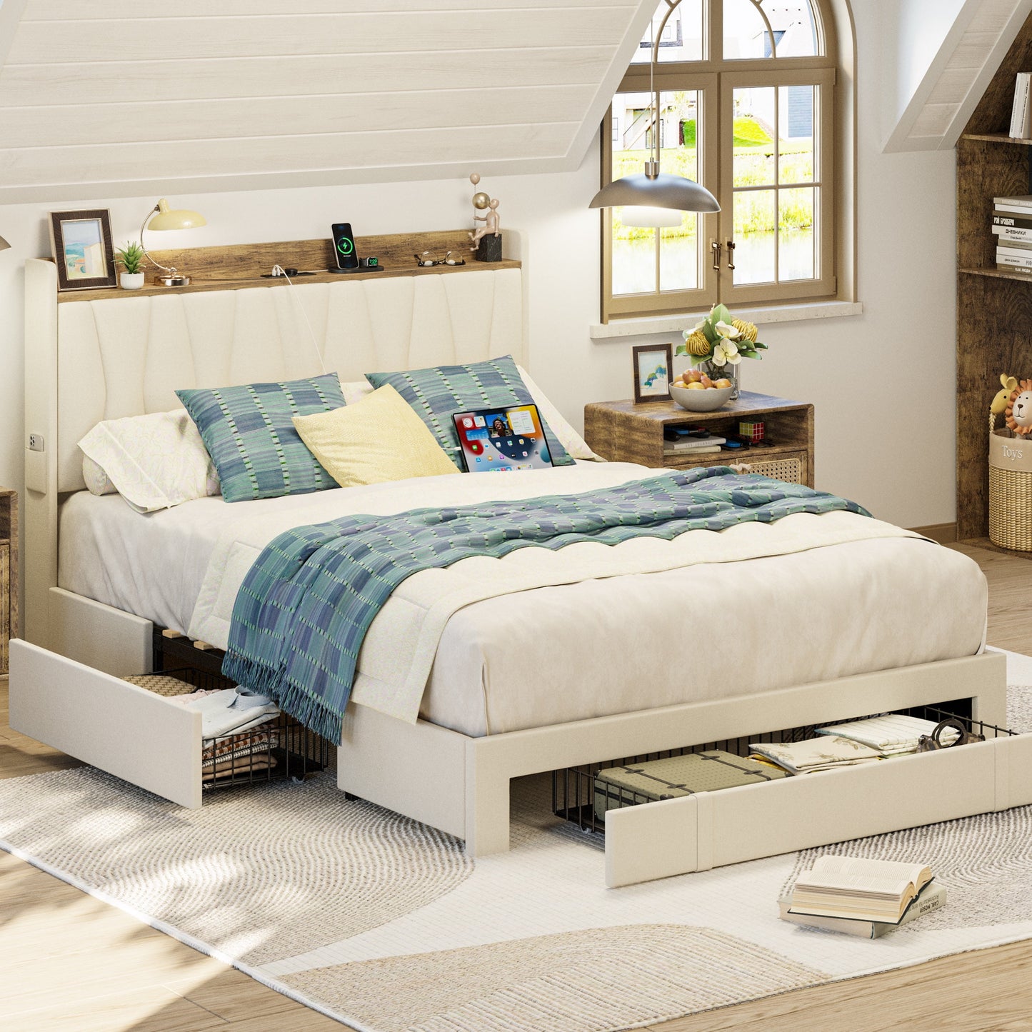 ANCTOR Full Size Bed Frame with Upholstered Storage Headboard, 3 Drawers, Charging Station, Sturdy