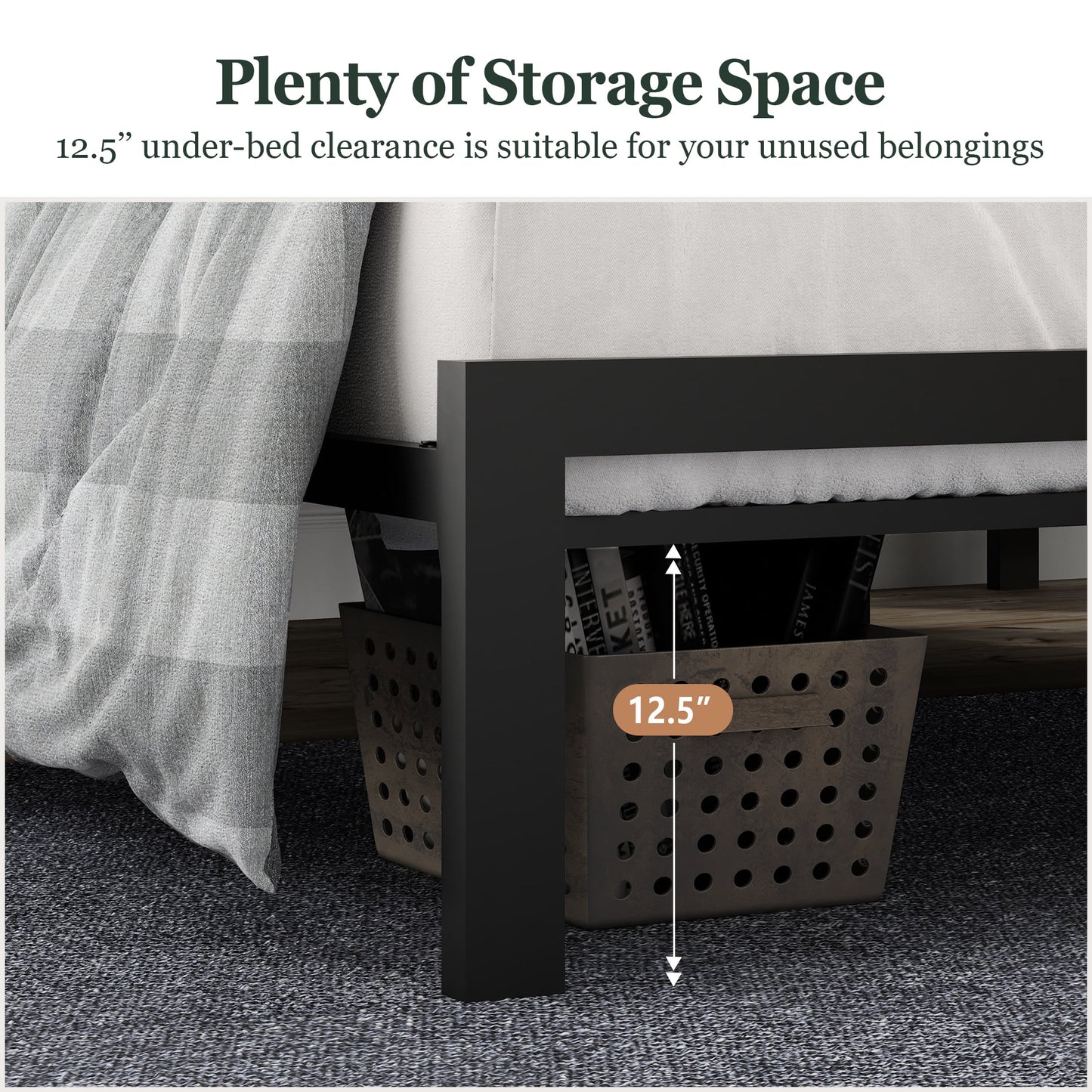 Amolife Full Size Metal Bed Frame with Faux Leather Upholstered Headboard, Black