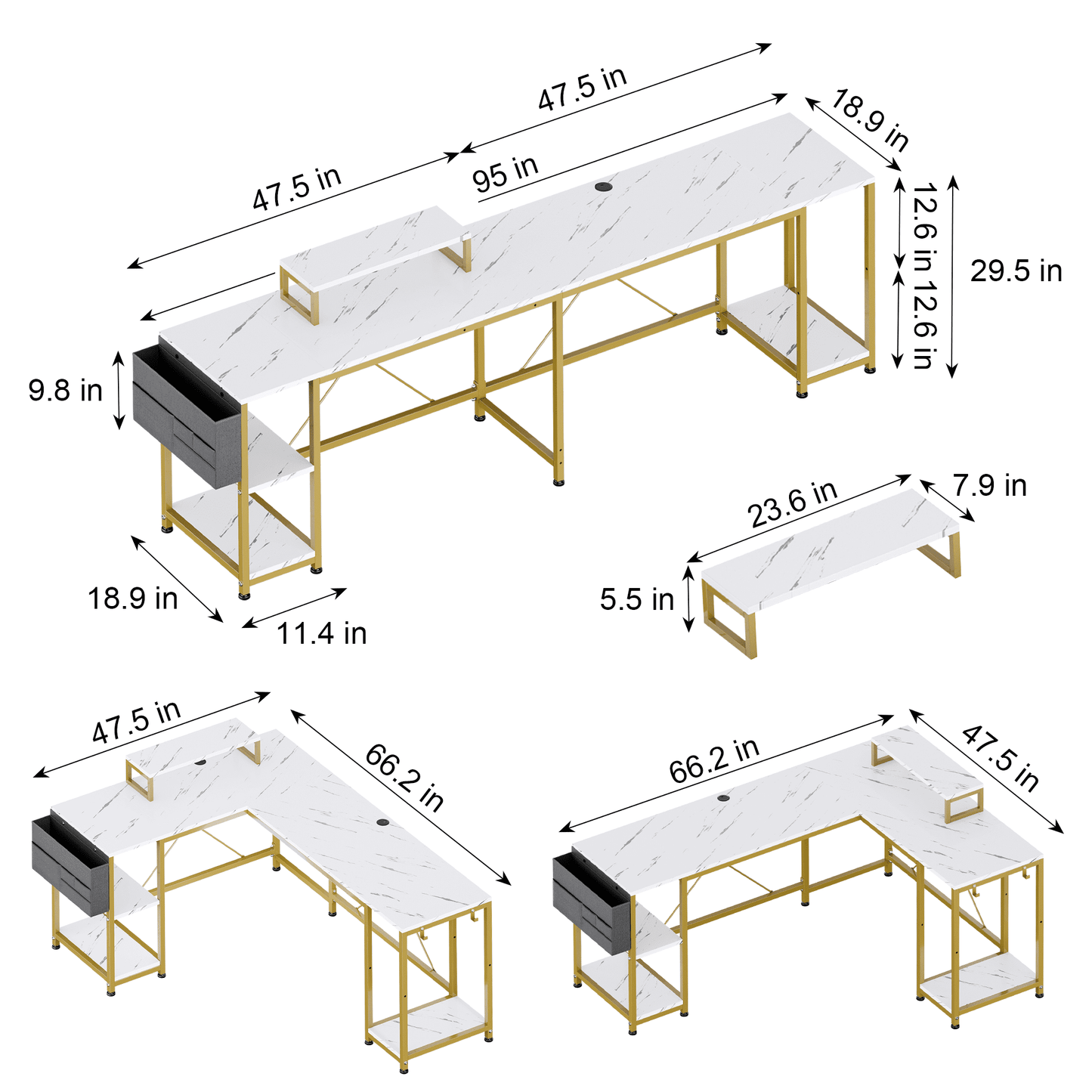 GIKPAL L-Shaped Computer Desk, 95in Marble & Metal Reversible Corner L-Shaped Office Desk with 3 Shelves/Monitor Stand/ Storage Bag/Hooks for Living Room Office, White