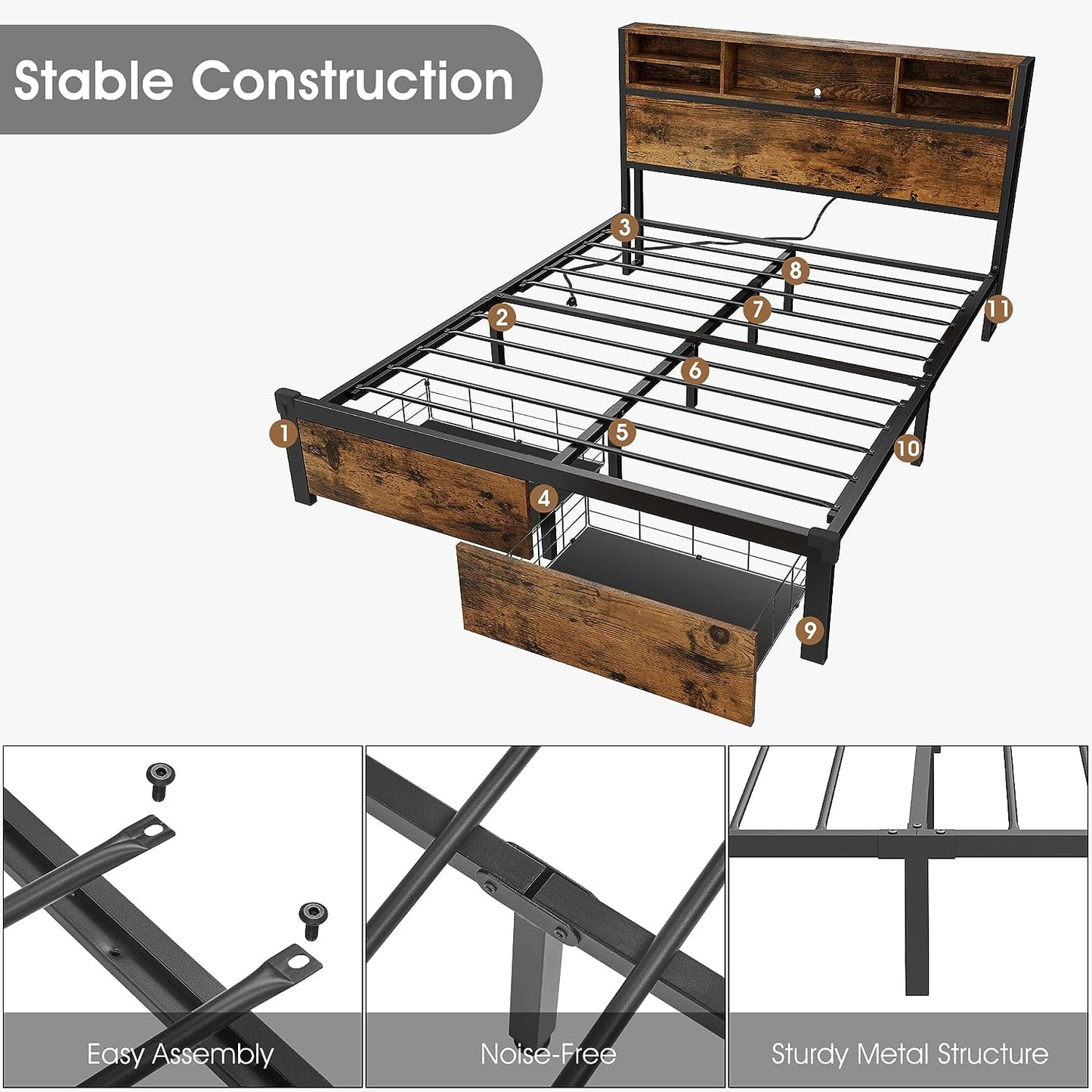 Alohappy Full Size Bed Frame with Storage Headboard and Drawers, Metal Platform Bed Frame RGB Led Lights and with Charging Station, No Nosie No Box Spring Needed