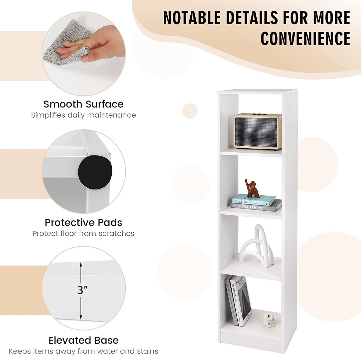 HOMEZY 56in Tall 4 Cube Bookcase White - Freestanding 15in Wide 5-Tier Narrow Open Display Bookshelf with 4 Anti-Tipping Kits, Wooden Cube Storage Organizer for Small Place, Living Room, Bedroom