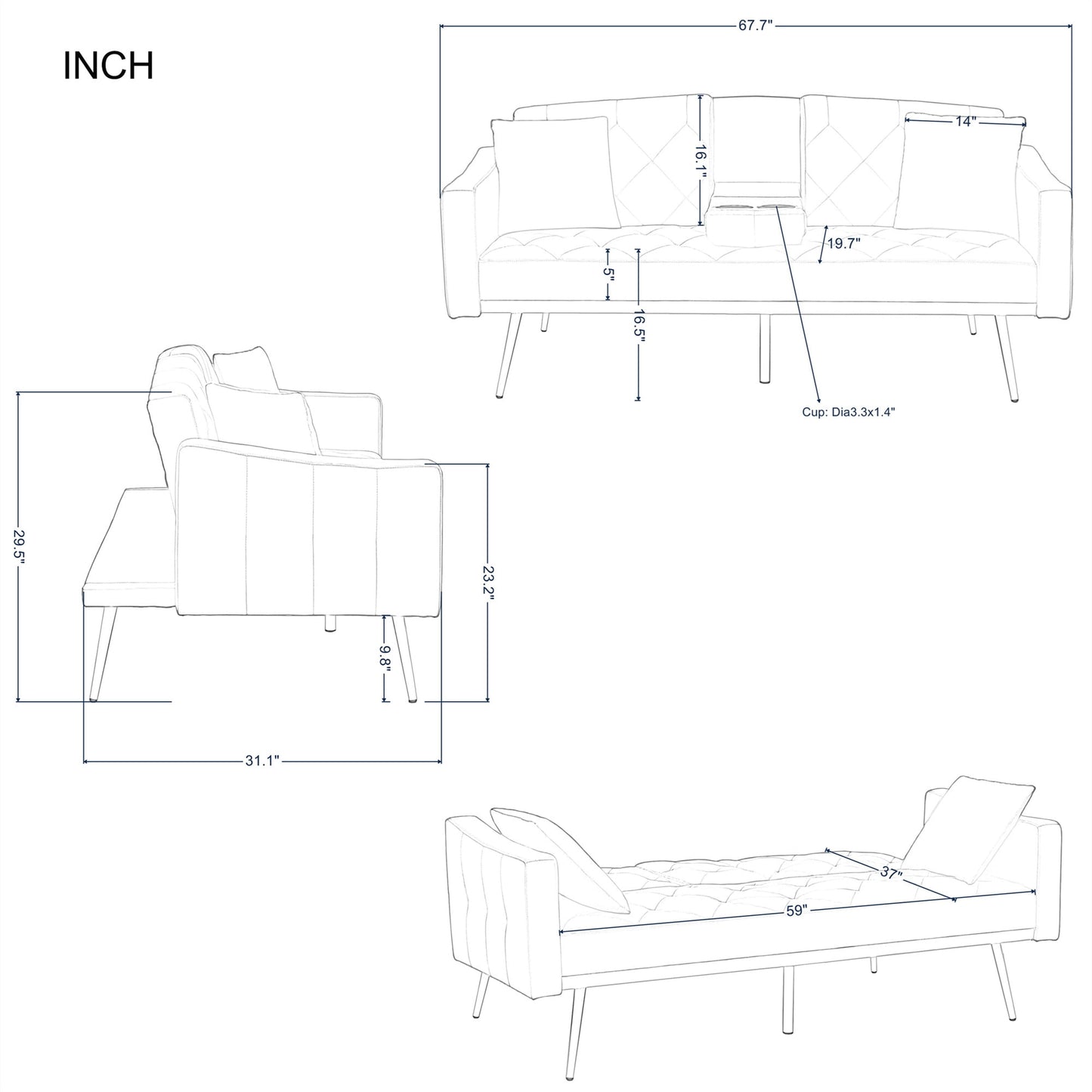 Aukfa Velvet Futon Convertible Sofa Bed for Home Office, 2 Pillows& Cup Holders, Tufted Back, Beige