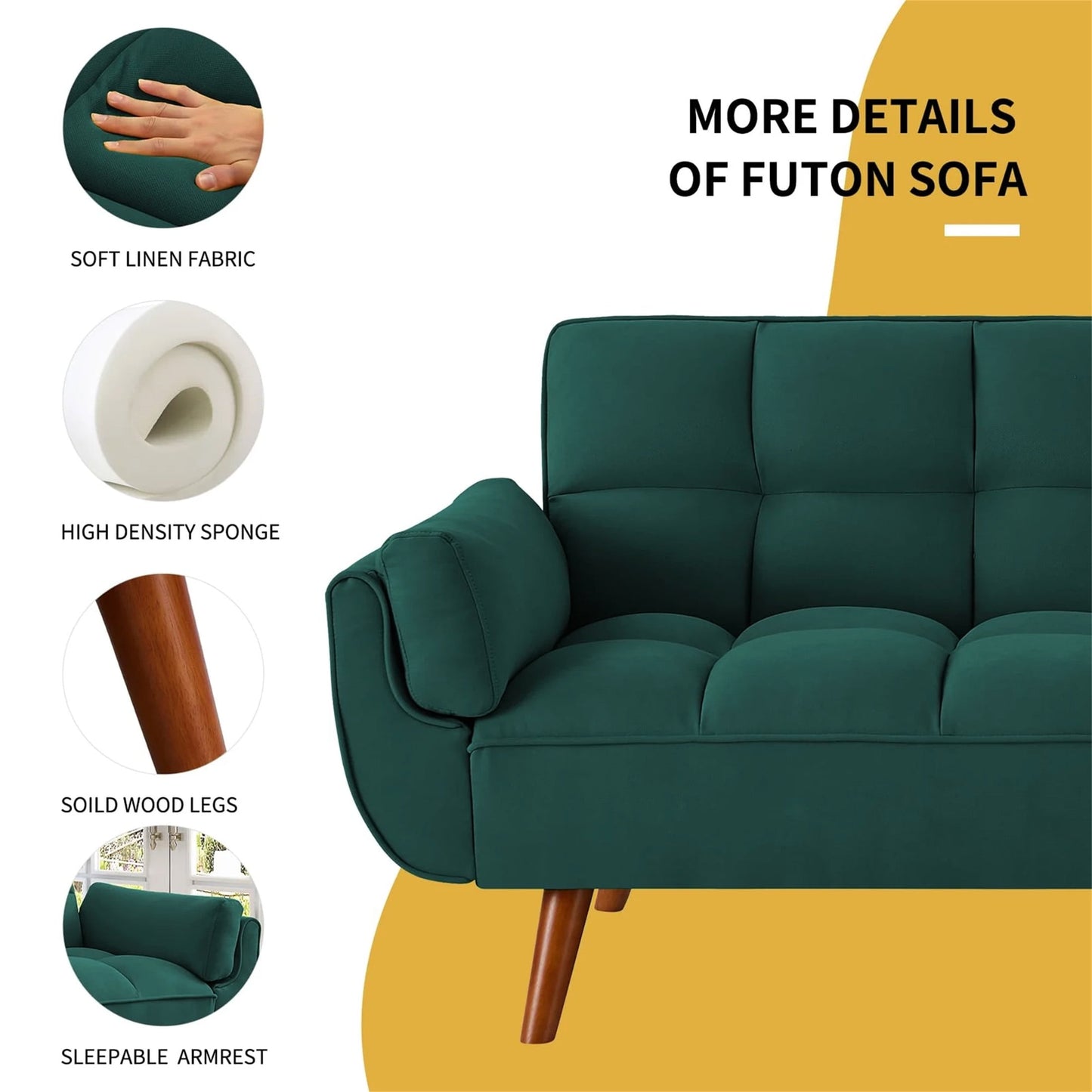 Aukfa 75in Flared Arm Futon Convertible Sofa Bed, Curved Sleeper Sofa for Home Office, Green