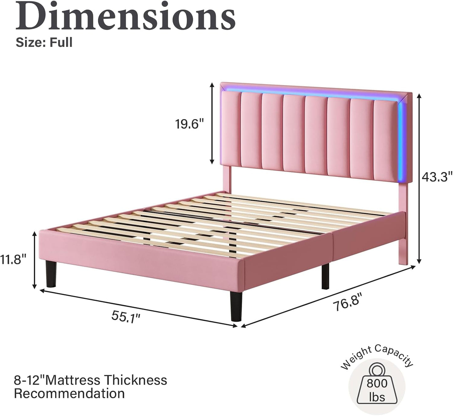 4 EVER WINNER Full Size LED Bed Frame, Pink Full Bed Frame with LED Light Headboard, Pink Bed Frame for Grils, Pink