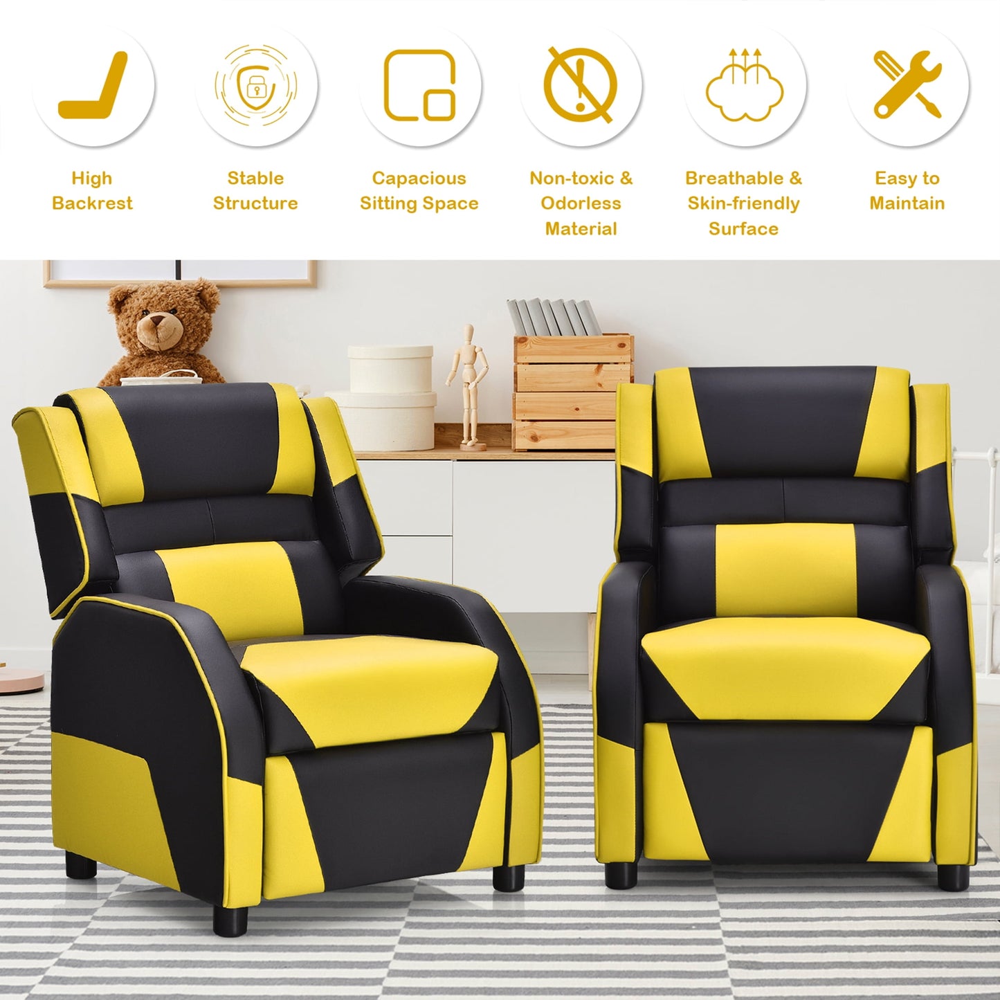 Gymax Gaming Recliner Sofa PU Leather Armchair for Kids Youth w/ Footrest Yellow