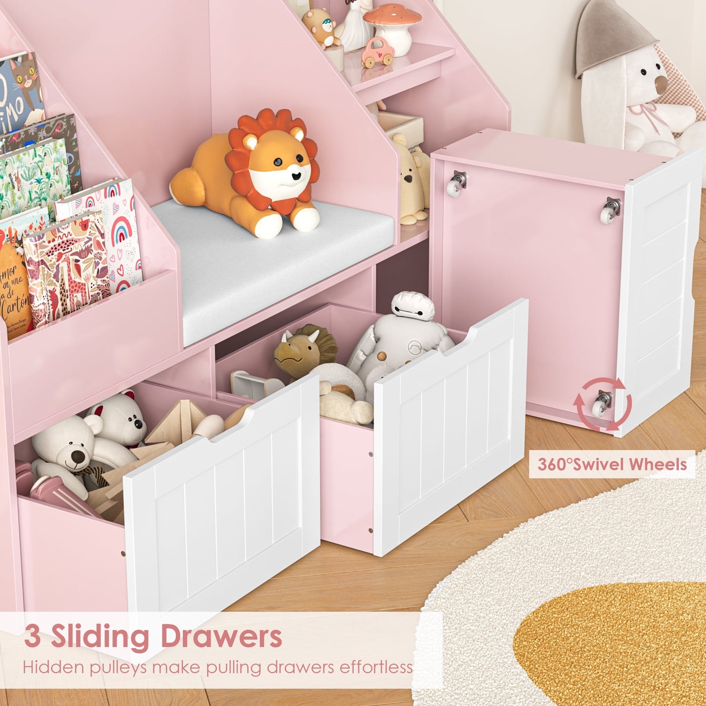 Homfa Kids Bookshelf with Reading Nook & 3 Movable Drawers, 2 Cube Bookcase with 4-Tier Book Racks, Toy Storage Organizer for Playroom Bedroom, Pink