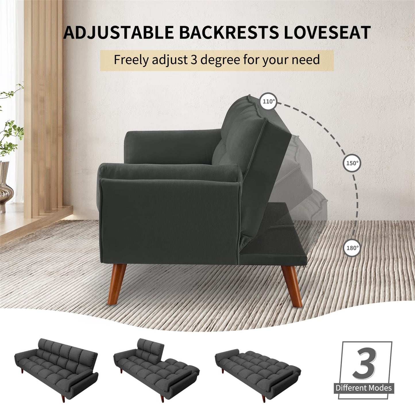 Aukfa 75in Flared Arm Futon Convertible Sofa Bed, Curved Sleeper Sofa for Home Office, Dark Gray