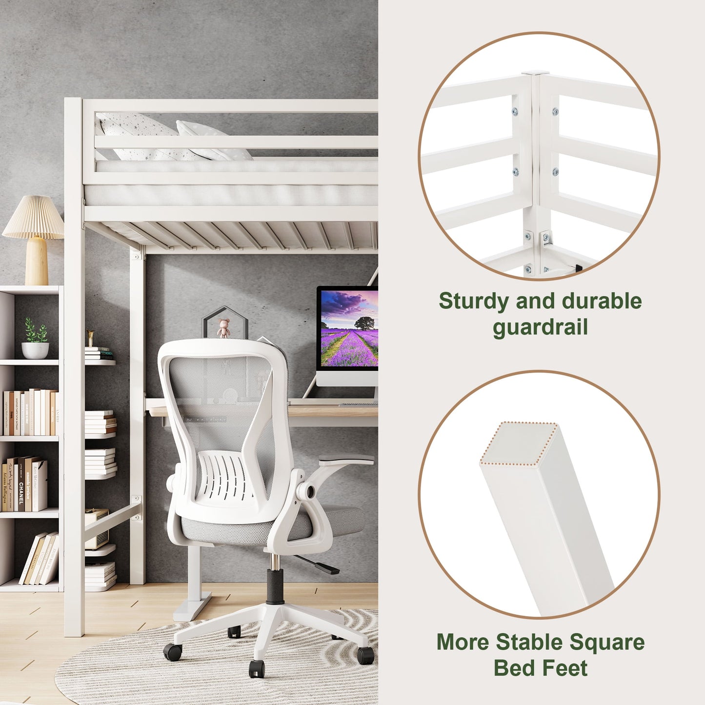 Amolife Twin Size Heavy Duty Metal Loft Bed with Removable Ladder & Full-Length Guardrail, White