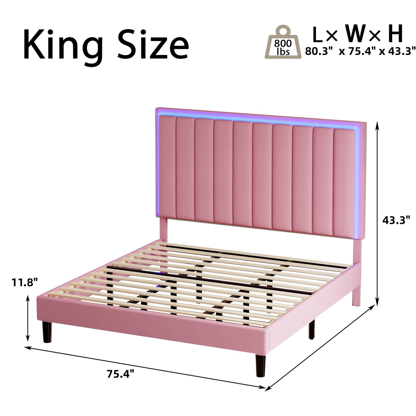 4 EVER WINNER King Size LED Bed Frame, King Bed Frame with LED Light Headboard, Pink Bed Frame for Grils, Pink