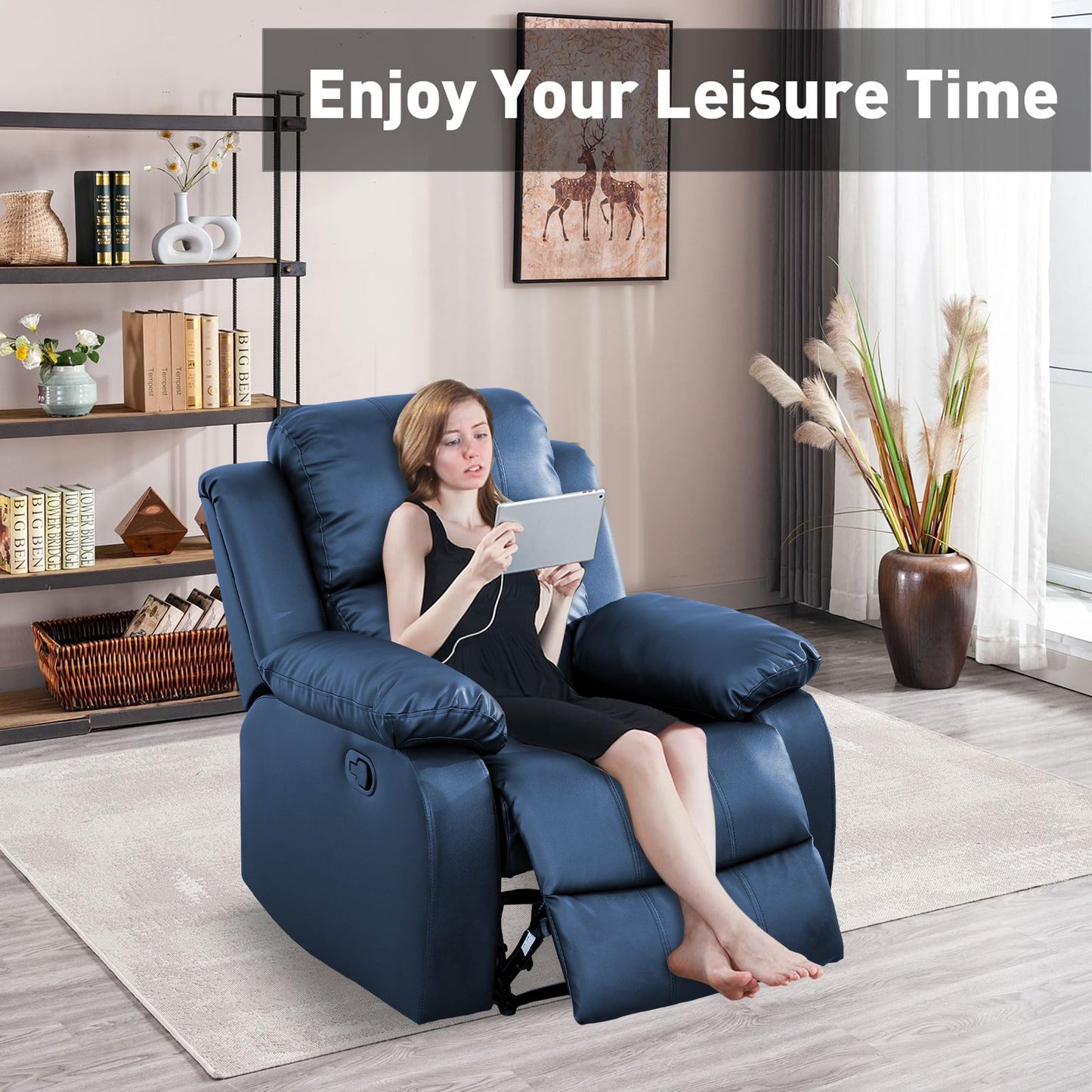 Aukfa Leather Recliner Chair, 38in Overstuffed Armchair Living Room Home Theater Lounge Seat, Blue