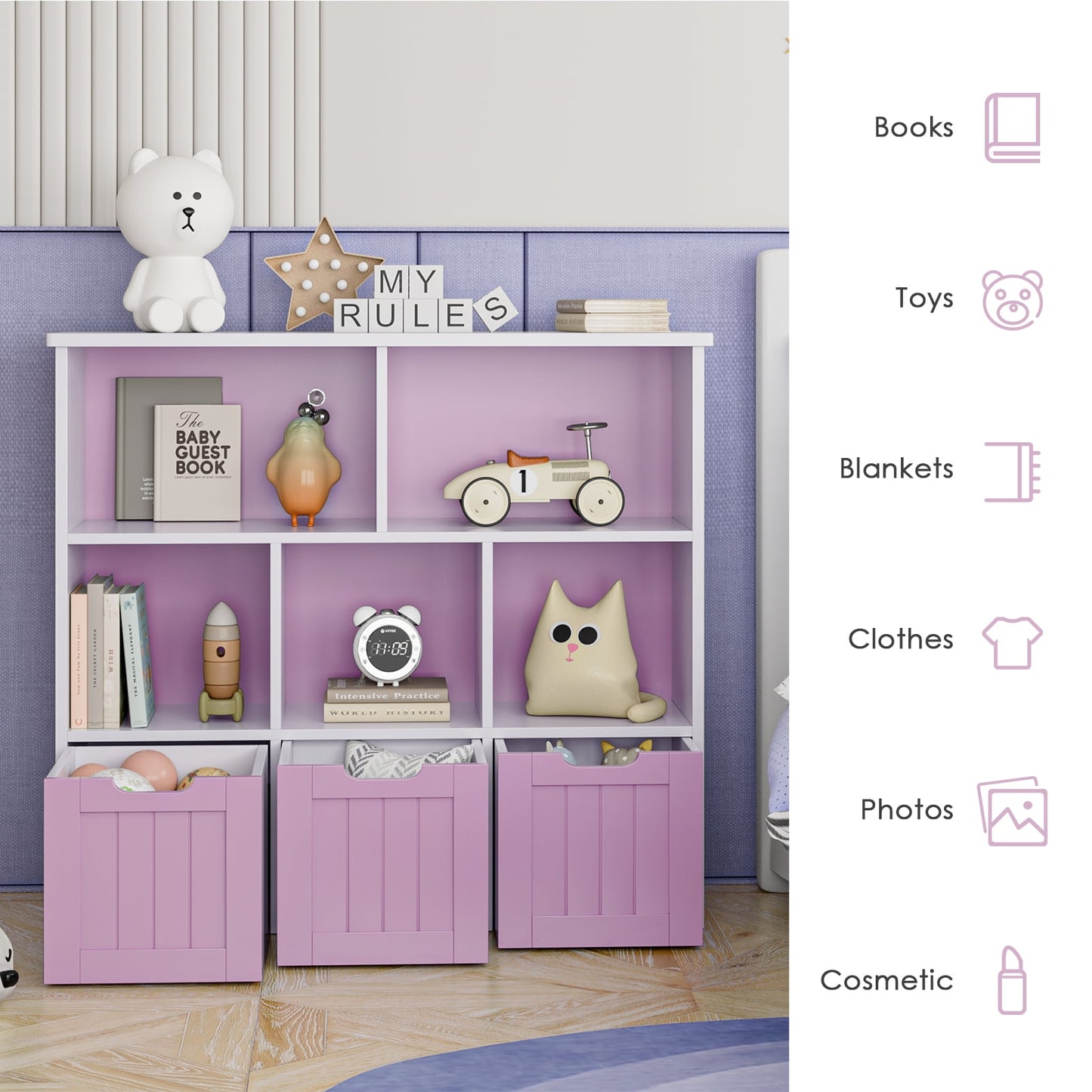 Homfa 5 Cube Toy Storage Organizer, Kids Geometric Bookcase with 3 Drawers, Pinkish Purple Finish