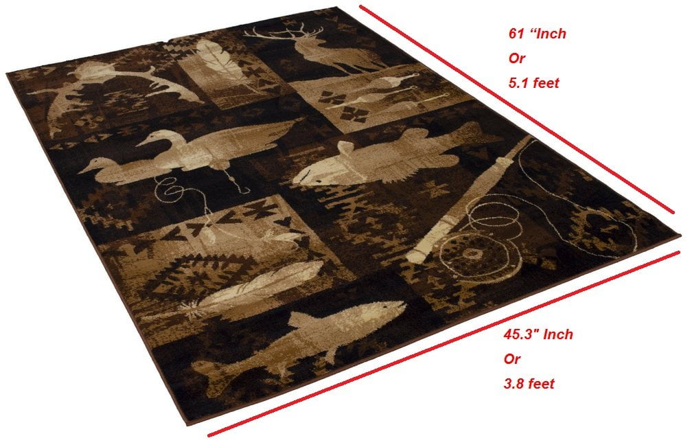Handcraft Rugs Cabin Rug Lodge, Cabin Nature and Animals Area Rug Modern Nature Pattern Cabin Area Rug Abstract, Chocolate Brown/Beige-Fishing Tools/ Fish/ Deer 4x5 feet