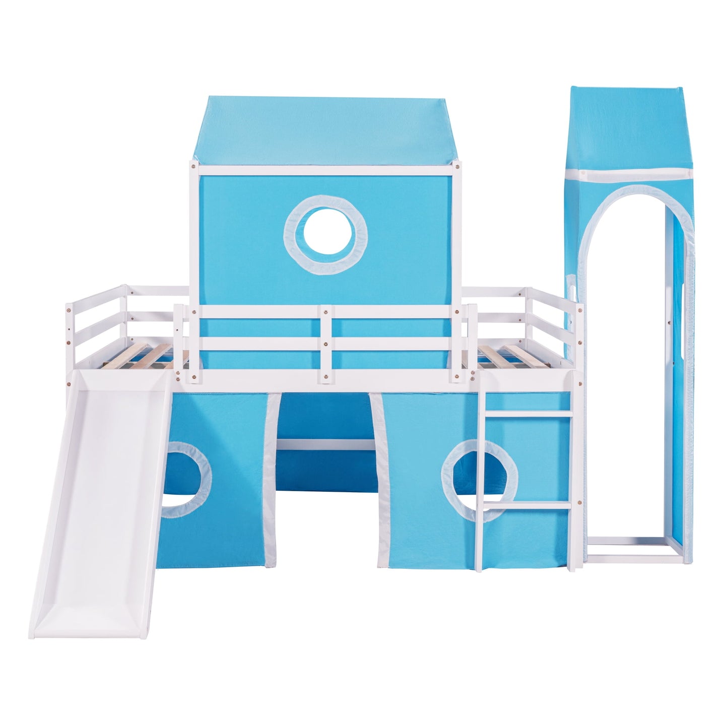 Aukfa Low Loft Bed with Slide - Full Size Castle Bed with Tent for Kids - Blue