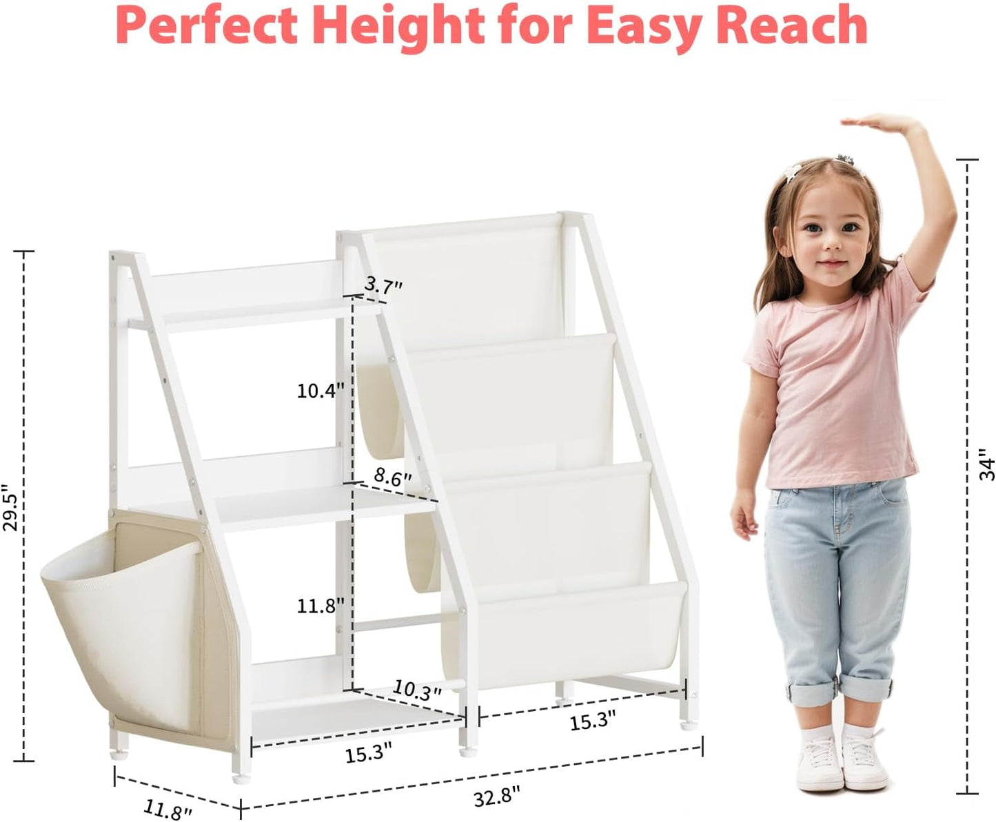3 Tier Kids Bookshelf and Toy Storage, Kids Book Sling Shelf, Montessori Baby Toddler Bookshelf for Kids, Kids Bookcase, Toy Storage Organizer, for Playroom, Bedroom, Nursery (White)