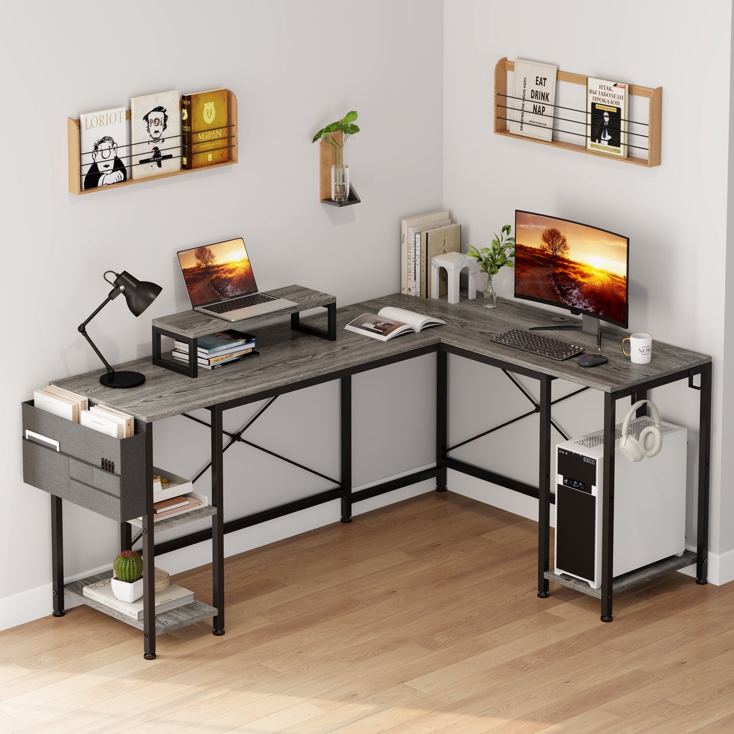 GIKPAL 59 Inch L Shaped Desk with Reversible Monitor Stand, Computer Desk with 3 Shelves and Storage Shelf, Home Office Desk, Corner Desk, Grey