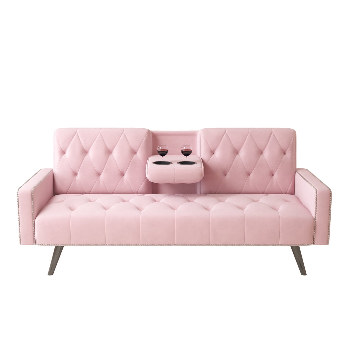 Aukfa Velvet Futon Sofa Bed with Cup Holder & Pillow for Home Office, Nail Head Trim, Pink
