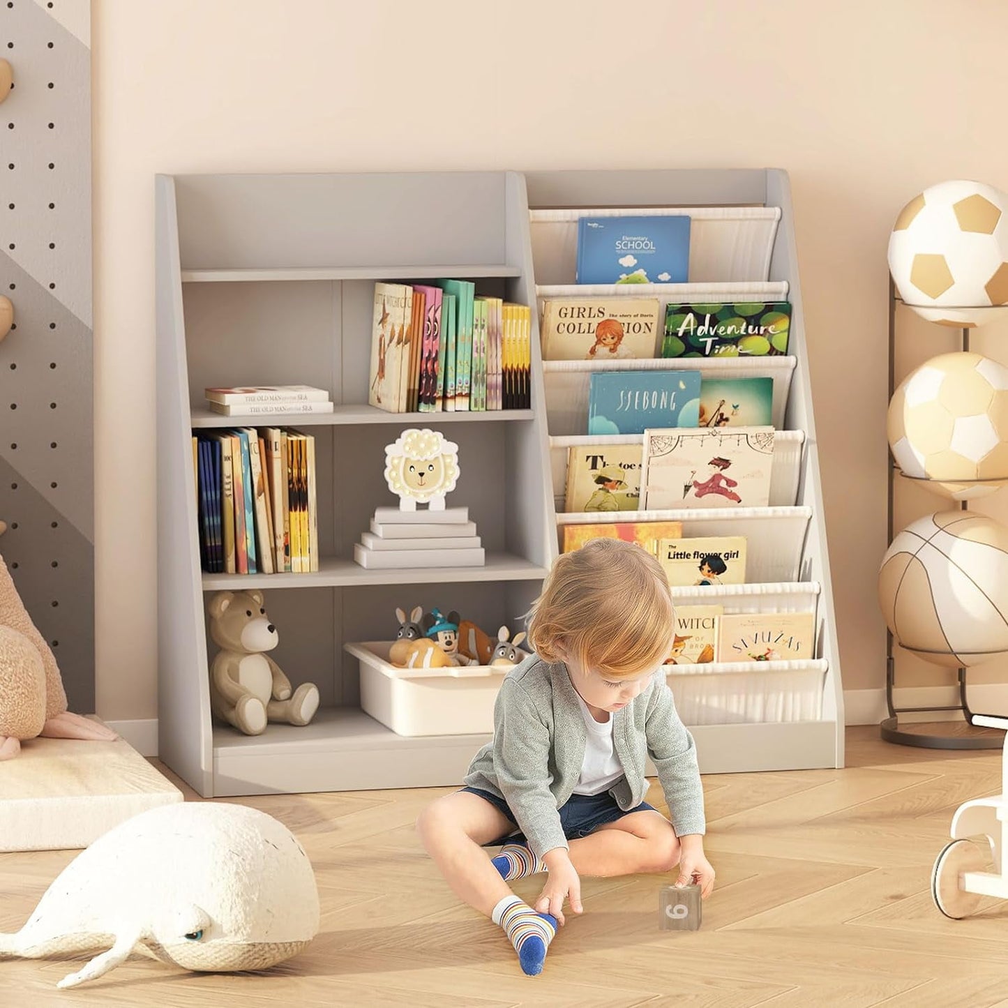 Gray Kids Bookshelf for Nursery Toddler Baby Sling Book Rack Adjustable Shelf Children Bookcase for Classroom Playroom Bedroom D¨¦cor Toy Magazine Book Storage Organizer 4 Tier Boy Girl's Gift