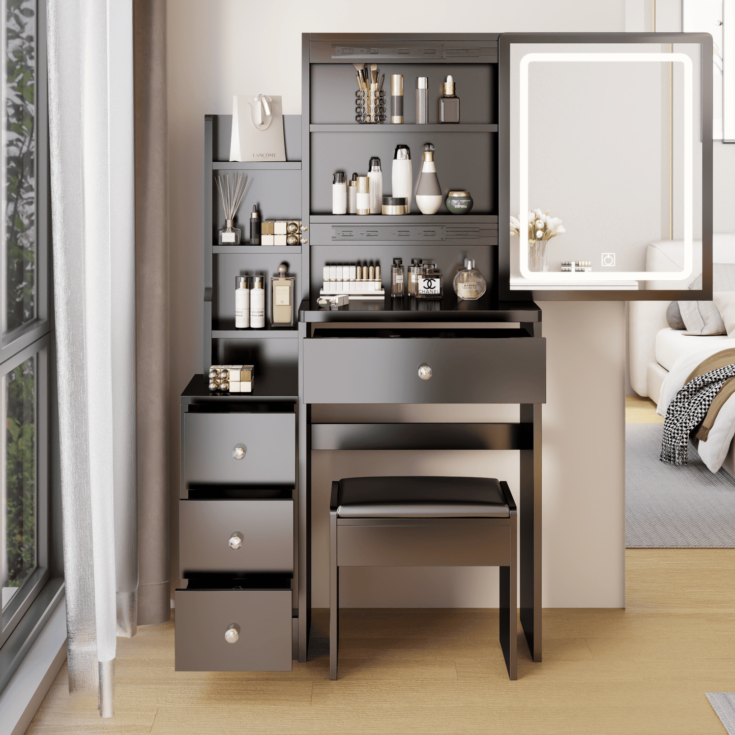 Aukfa Makeup Vanity Set Dressing Table with Lights Mirror & Stool for Girls - Black