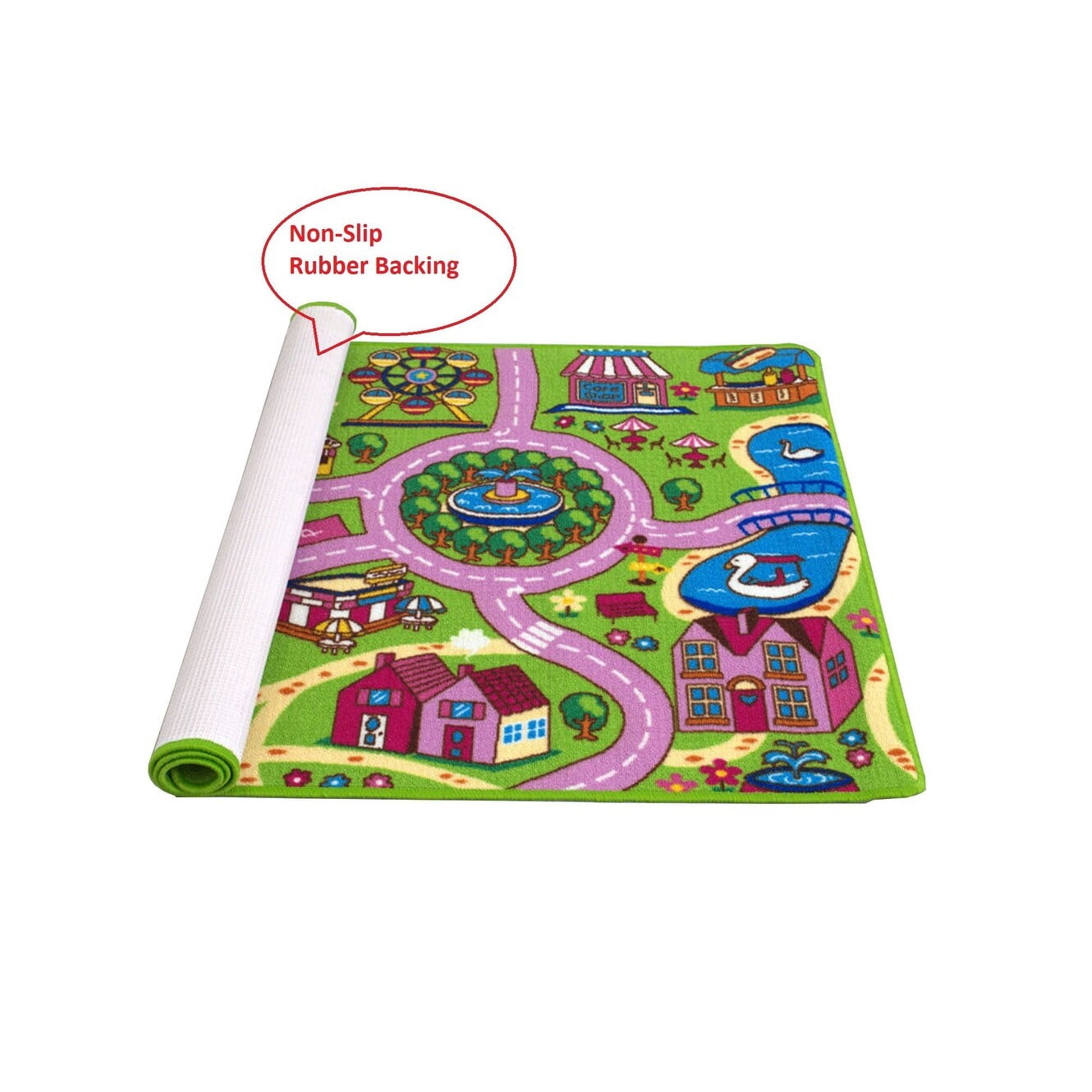 HR City Map Kids Car Road Rug - Non-Slip Play Mat for Classroom and Baby Room Pink, Green 8' x 10'