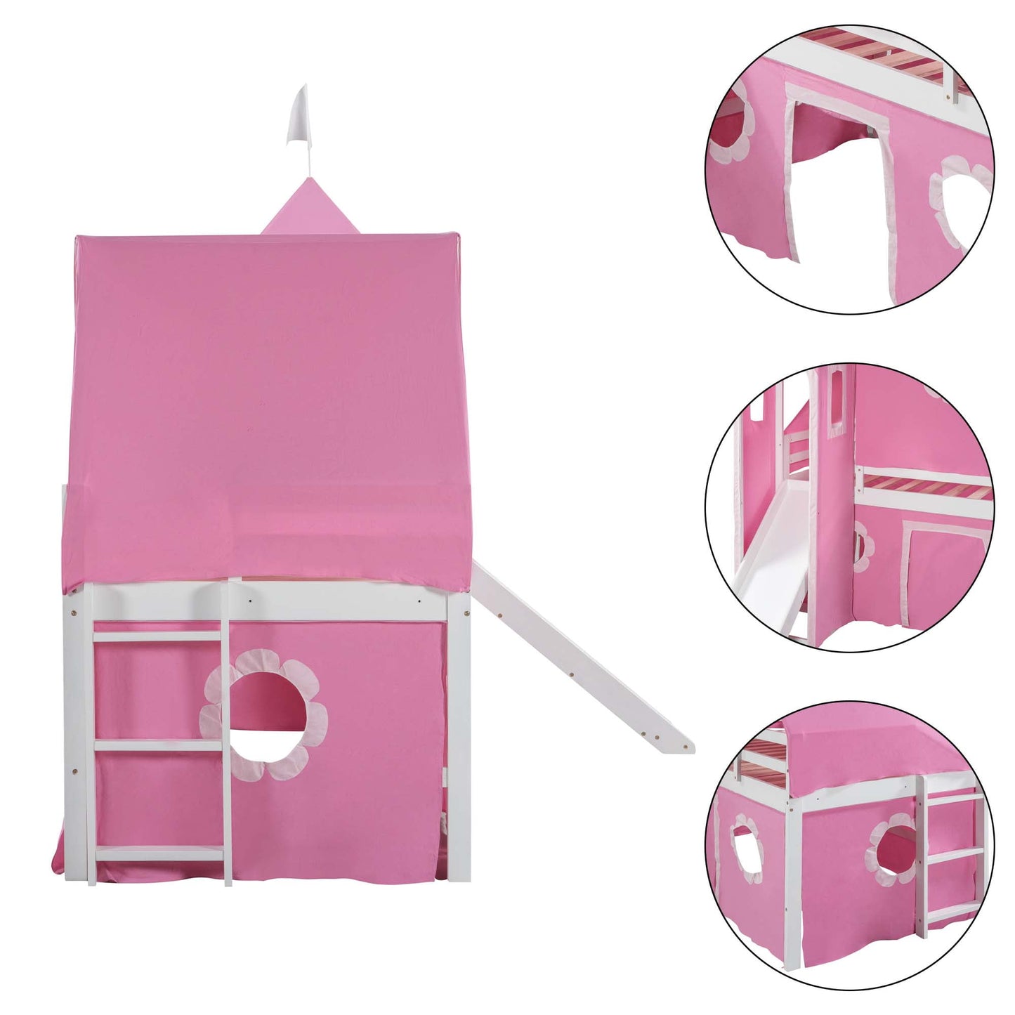 Aukfa Princess Low Loft Bed with Slide - Twin Size Castle Bed with Tent and Tower for Kids - Pink