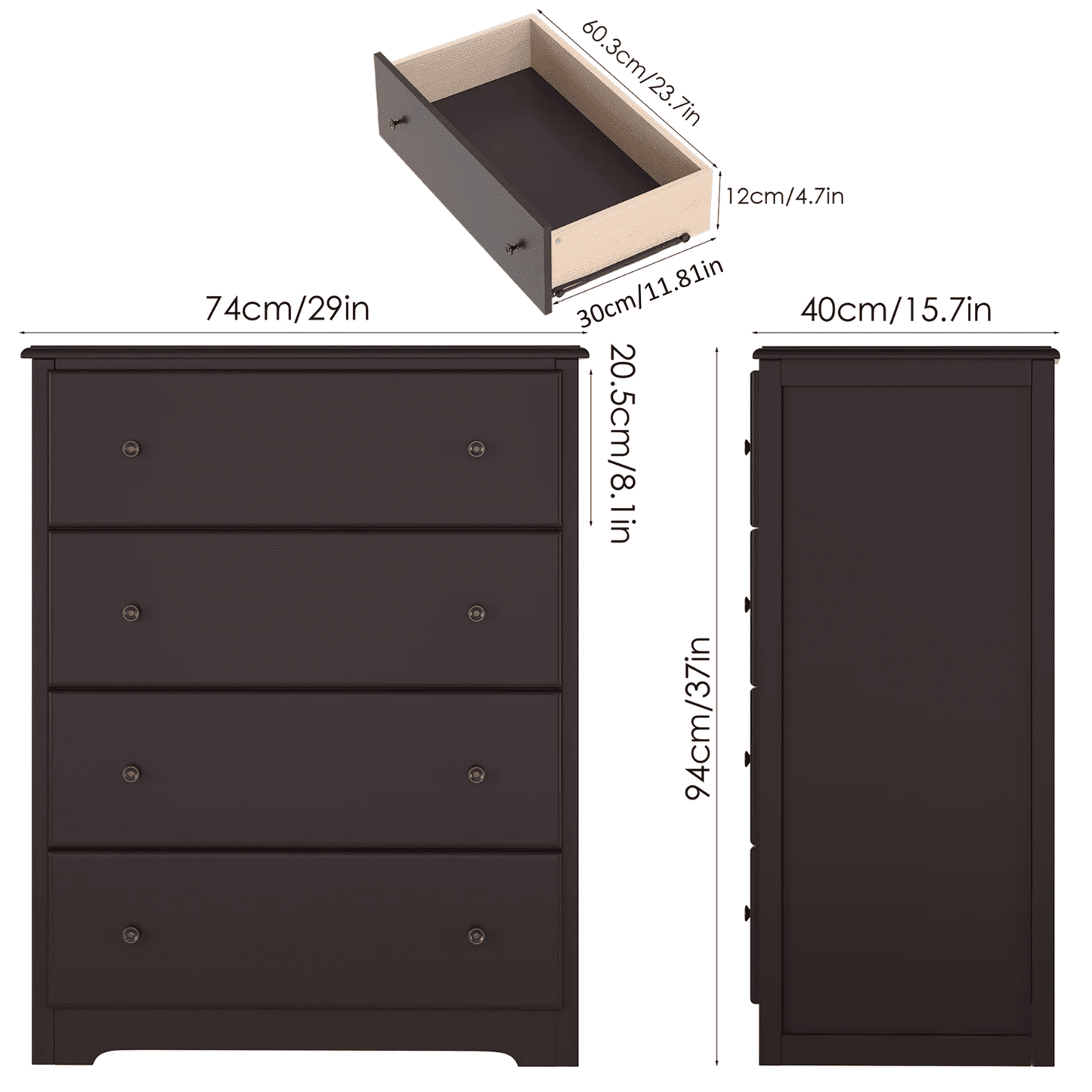 Homfa 4 Drawer Dresser, 37in H Dresser Chest with Drawers for Bedroom, Dark Brown