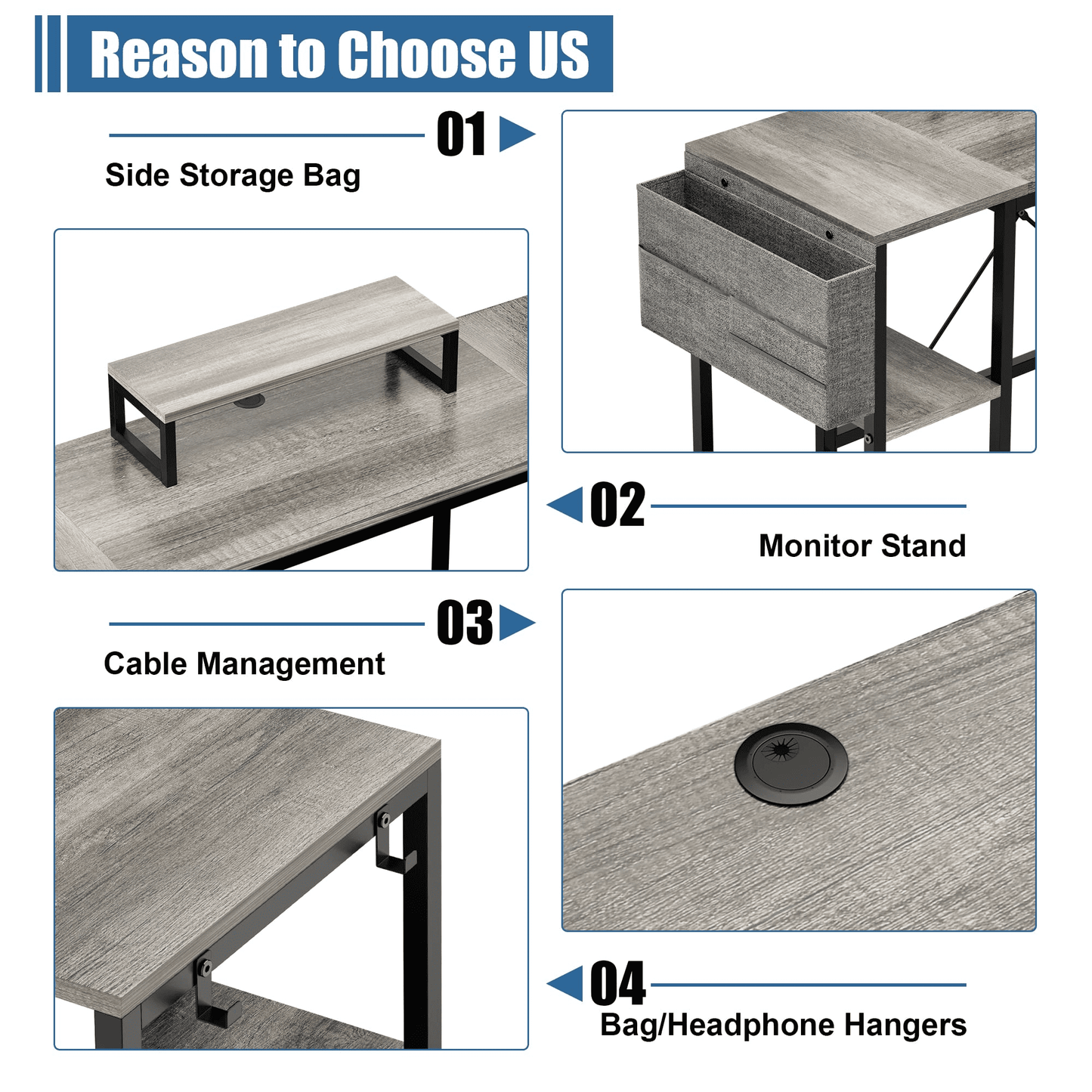 GIKPAL 95in Reversible Computer Desk, L Shaped Desk Office Desk with 3 Shelves/ Monitor Stand/ Storage Bag/ Hooks for Home Office, Grey