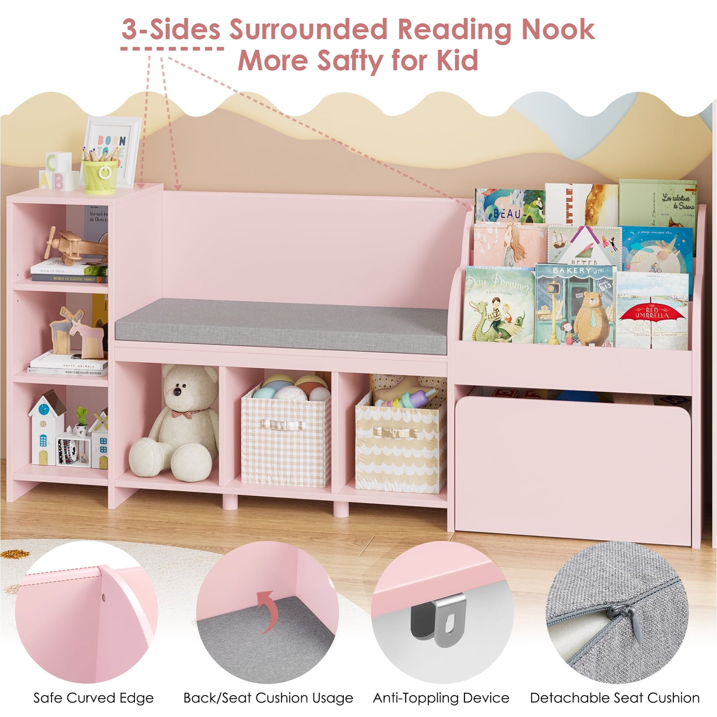 Homfa Pink Kids Bookshelf with Reading Nook, 6 Shelf Bookcase with 1 Wood Toy Bin on Wheels with 3 Tier Book Rack for Children Kidsroom