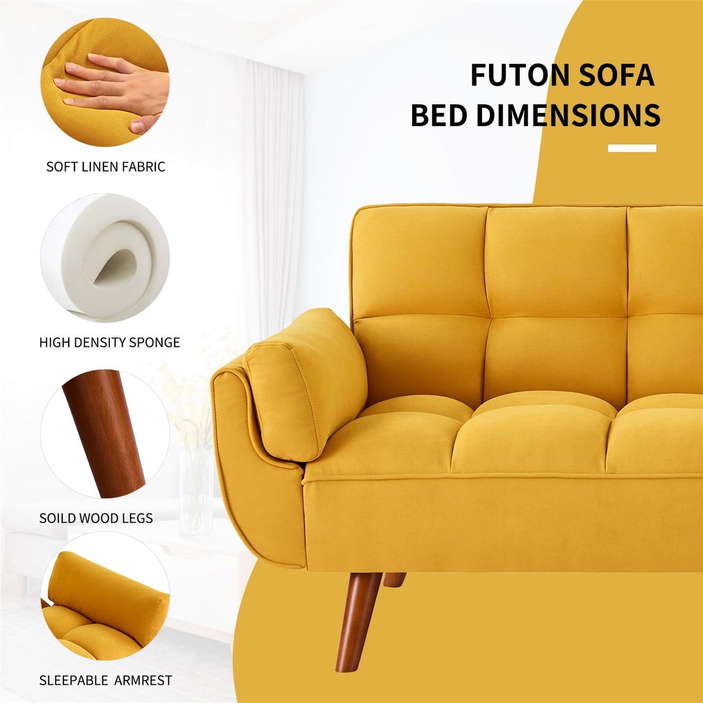 Aukfa 75in Flared Arm Futon Convertible Sofa Bed, Curved Sleeper Sofa for Home Office, Yellow