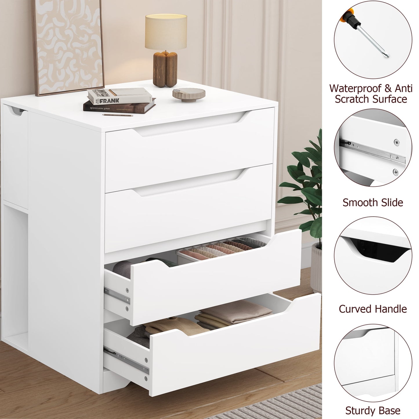 Homfa Dresser of 4 Drawers with Flip Top, Compact Nightstand Dresser Chest with Side Storage for Bedroom Living Room, White