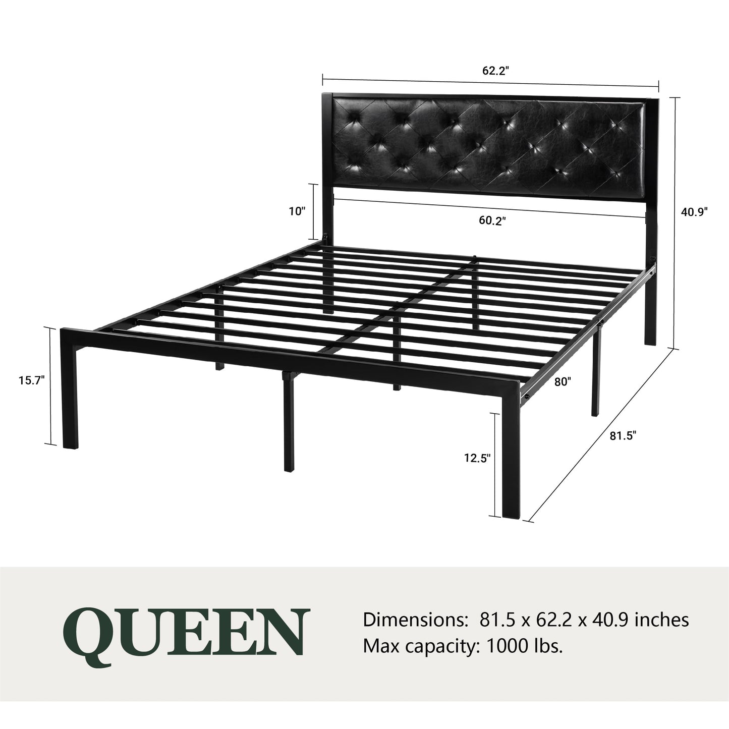 Amolife Queen Size Metal Bed Frame with Faux Leather Upholstered Headboard, Black