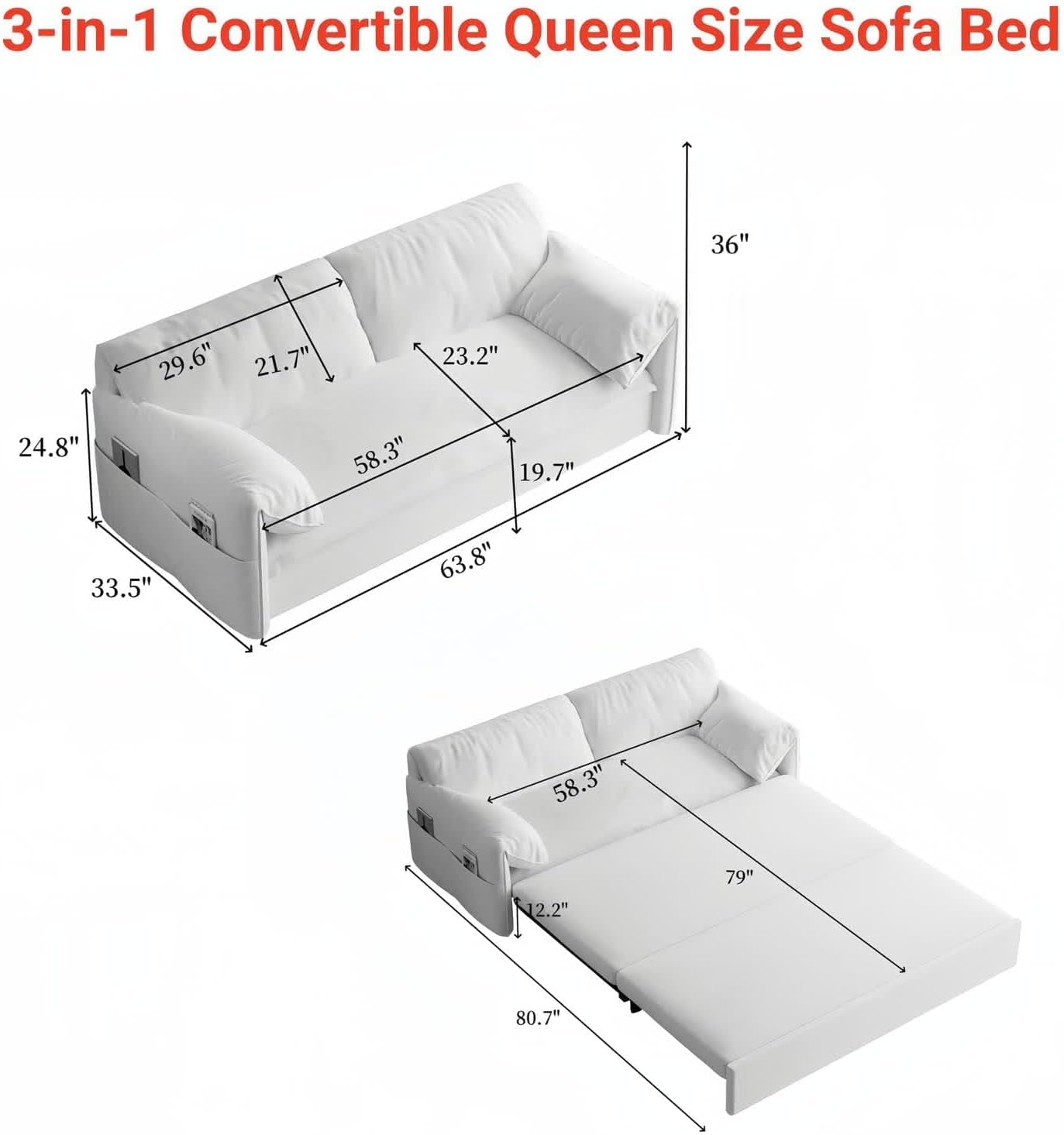 63.8in Sofa Bed Queen Size, Pull Out Couch Bed, 3-in-1 Convertible Sleeper Sofa with Side Pocket, Modern Velvet Futon Couch for Living Room, Small Space, Apartment, Bedroom, Pink