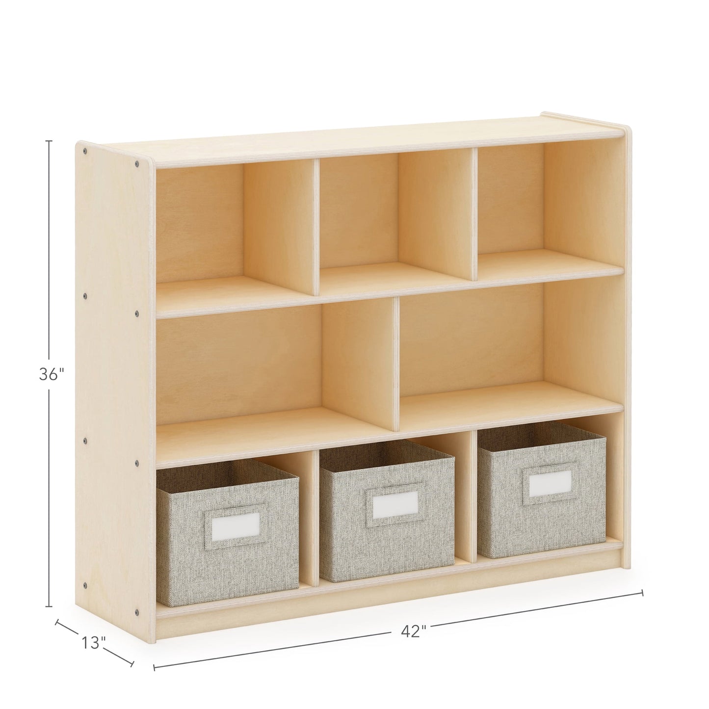 Guidecraft EdQ 3-Shelf 8-Compartment Storage 36in - Natural: Kids' Wooden Cubby Cube Bookshelf with Bins for Toys and School Supplies