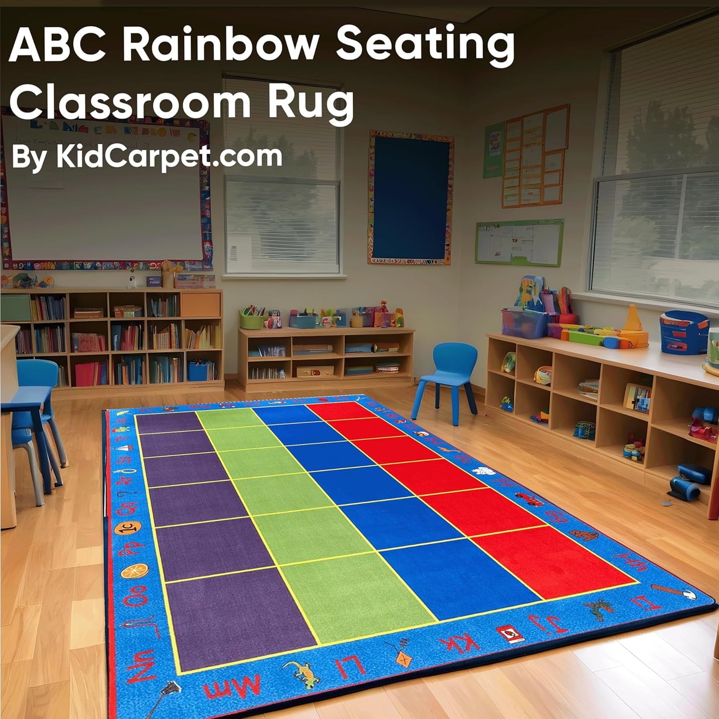 ABC Rainbow Seating Classroom Rug with 24 Seats 7'6in x 12' Rectangle ¨C Kids Educational Learning Rug for Preschool, Kindergarten, and Elementary School