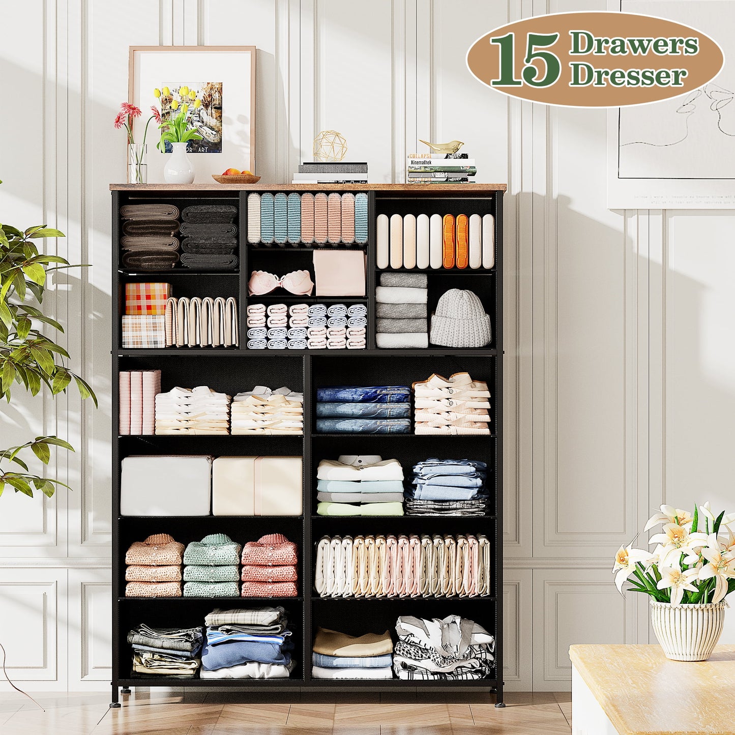 GIKPAL Dressers for Bedroom, 15 Drawers Dresser Fabric Dresser Chest of Drawers Tall Dressers Storage Organizer for Closet, Living Room, Brown