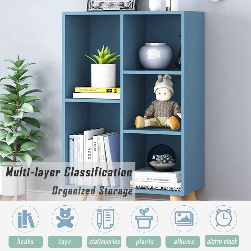 IOTXY Wooden Open Shelf Bookcase - 3-Tier Floor Standing Display Cabinet Rack with Legs, 5 Cubes Bookshelf, Bright Blue