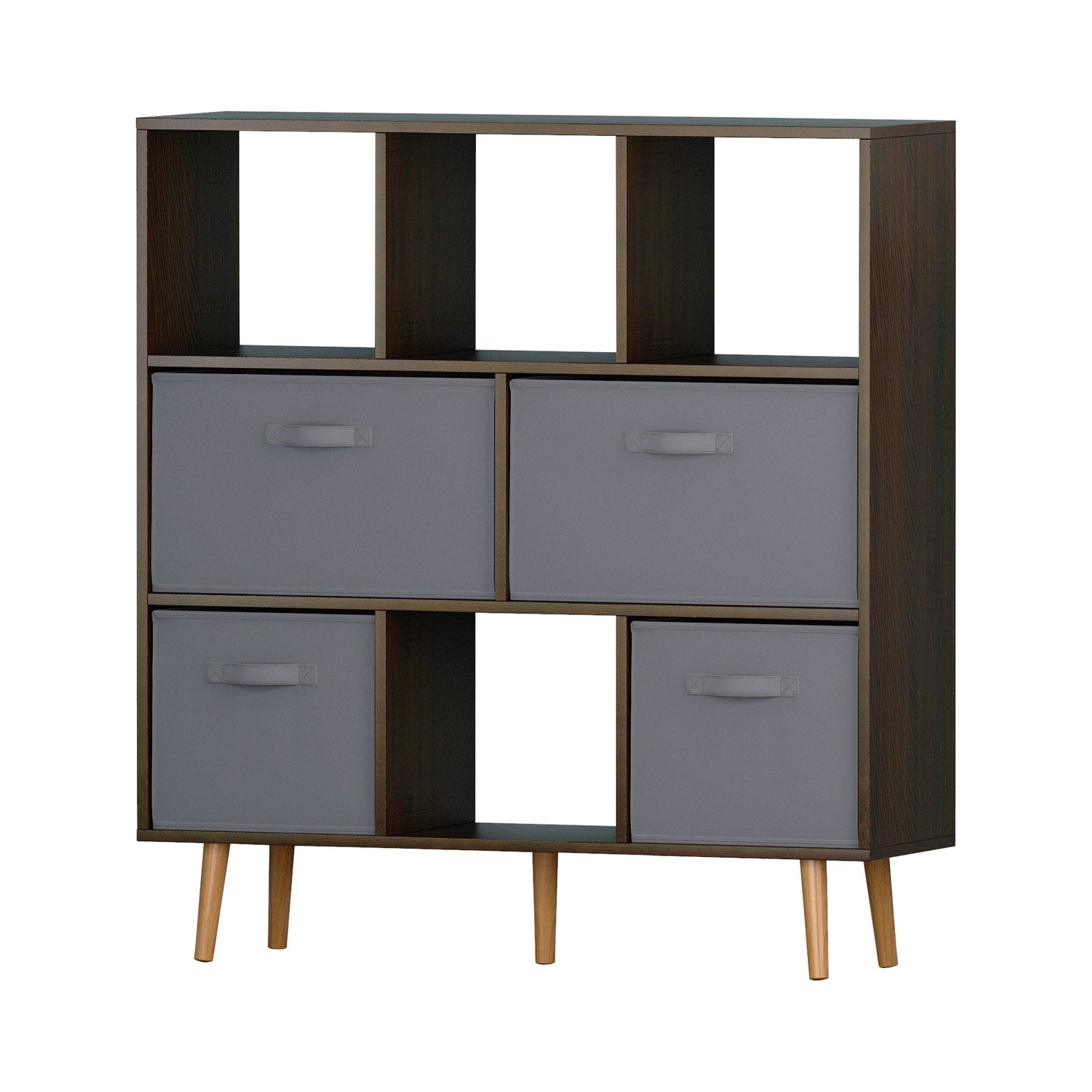 IVV Wooden Open Shelf Bookcase, Modern Minimalist Bookcase, 8 Cube Open Book Shelves Storage Organizer with 4 Fabric Drawers, Freestanding Display Bookcases for Small Space (Brown)