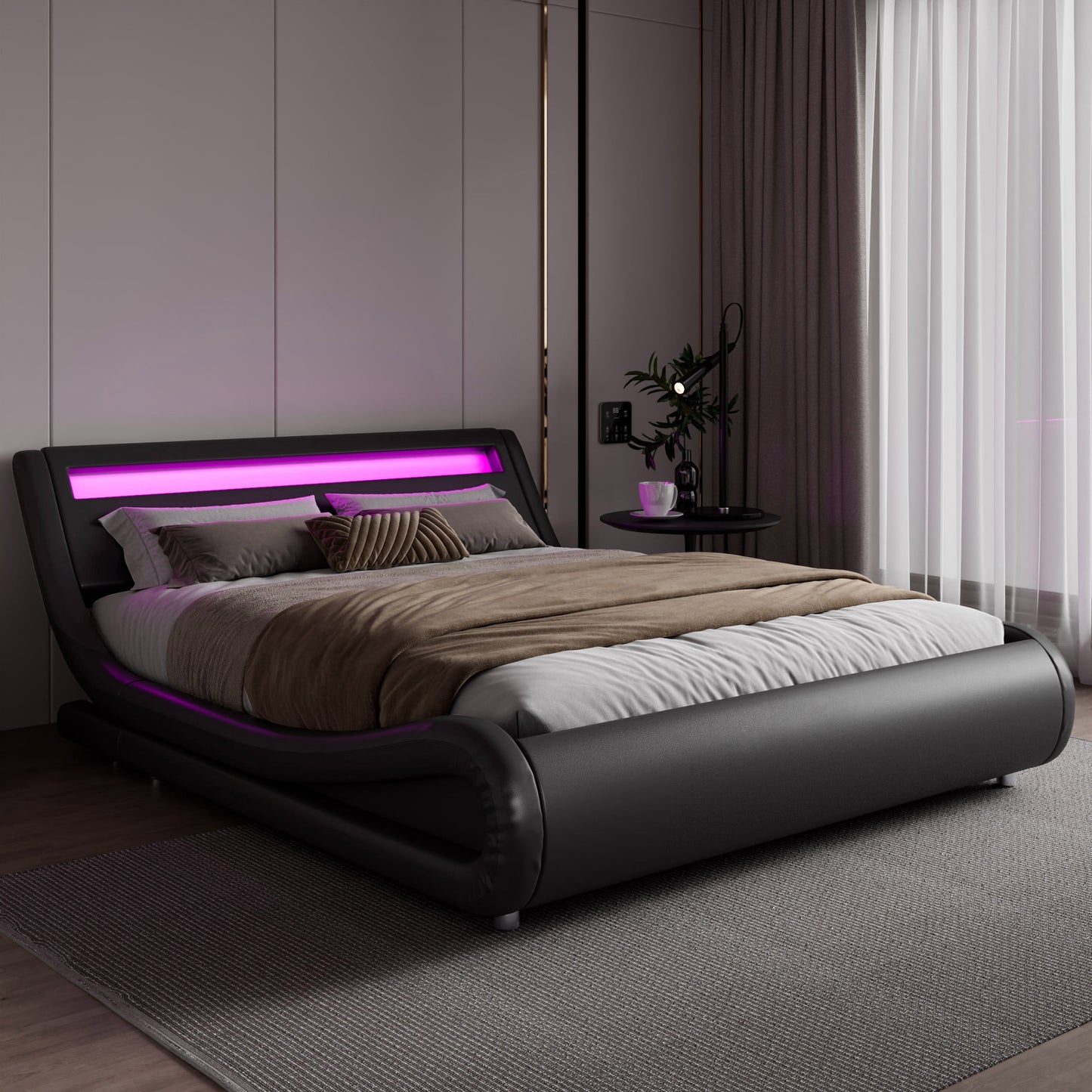 Amolife Full Size Wave-Like Curve Deluxe Upholstered Modern Bed Frame with LED Headboard, Dark Gray