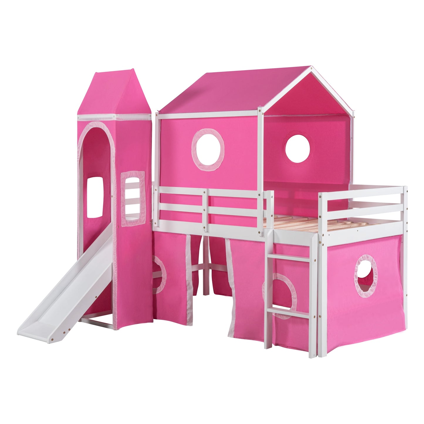 Aukfa Princess Low Loft Bed with Slide - Twin Size Castle Bed with Tent for Kids - Pink