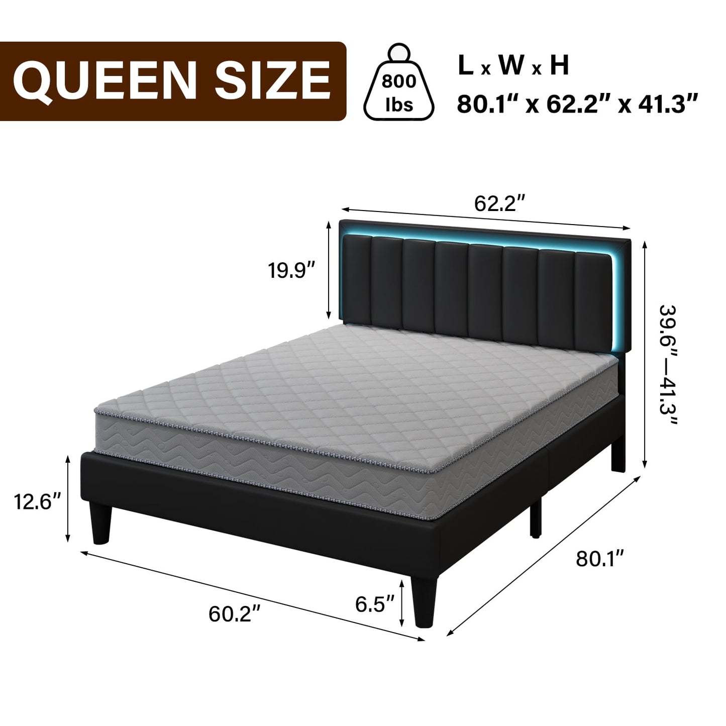 4 EVER WINNER Queen Size LED Bed Frame, Black Queen Bed Frame with LED Light Headboard, Black
